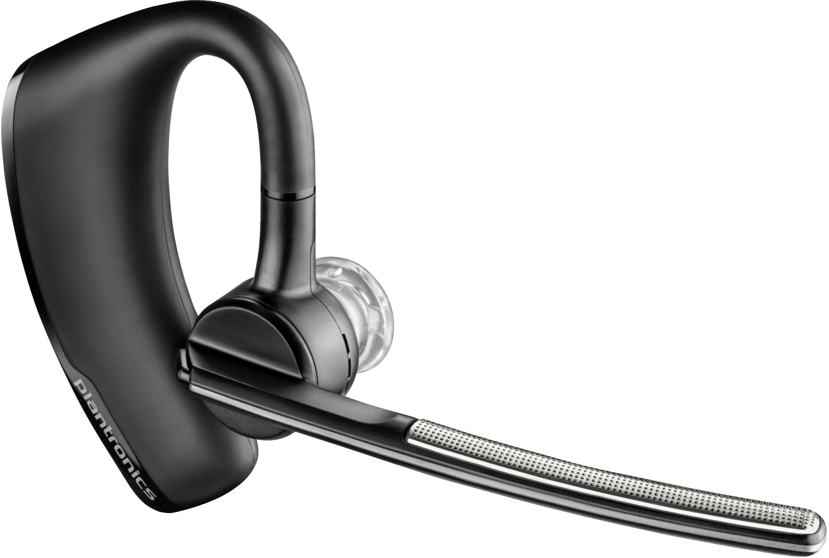 Schwarzes kabelloses Bluetooth-Headset mit einzelnem Ohr, Ohrbügel und Boom-Mikrofon, auf weißem Hintergrund dargestellt.