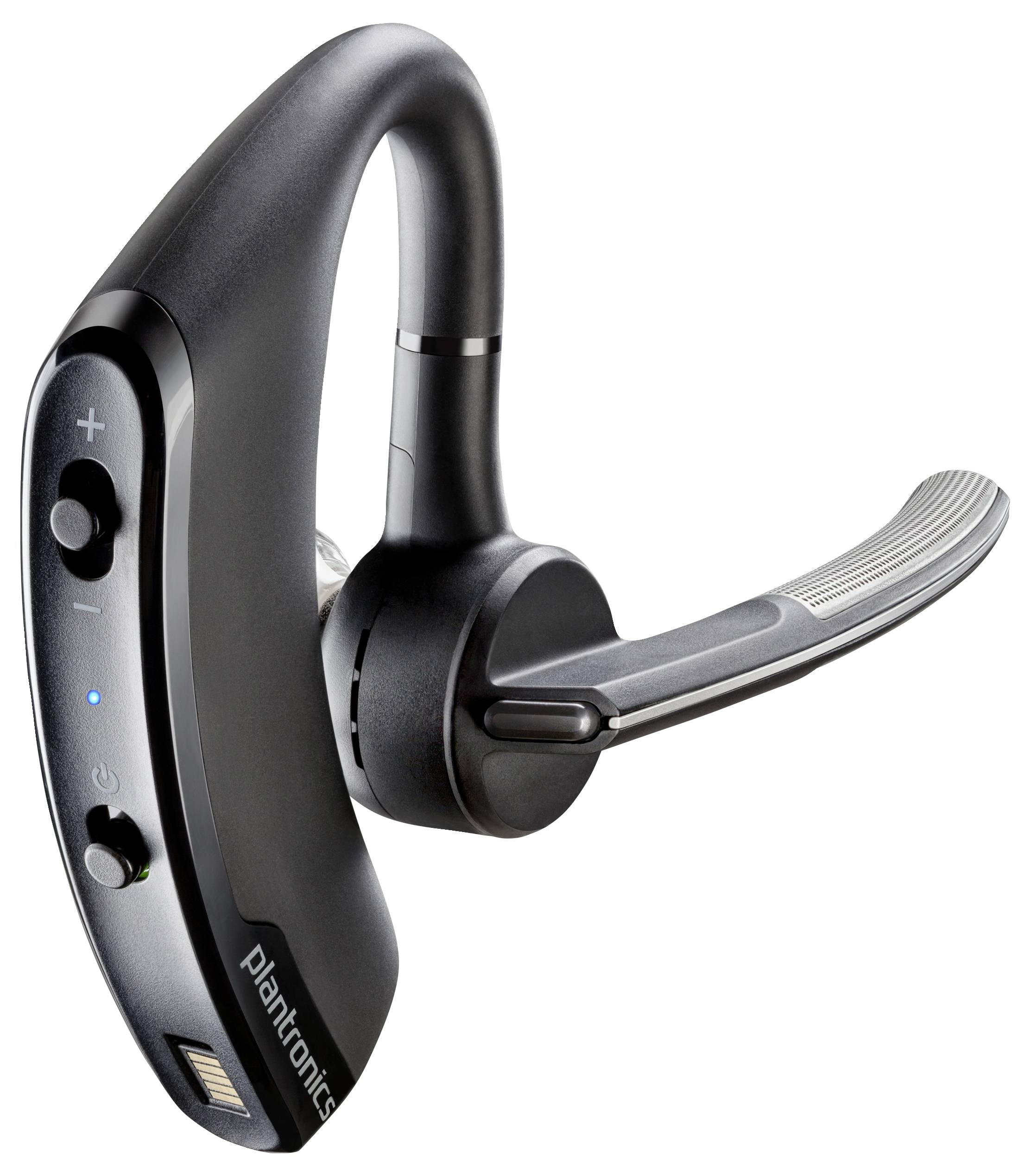Schwarzes Plantronics Over-Ear-Bluetooth-Headset mit ausklappbarem Mikrofon-Ausleger und Lautstärke-/Stromschaltern, auf weißem Hintergrund dargestellt.