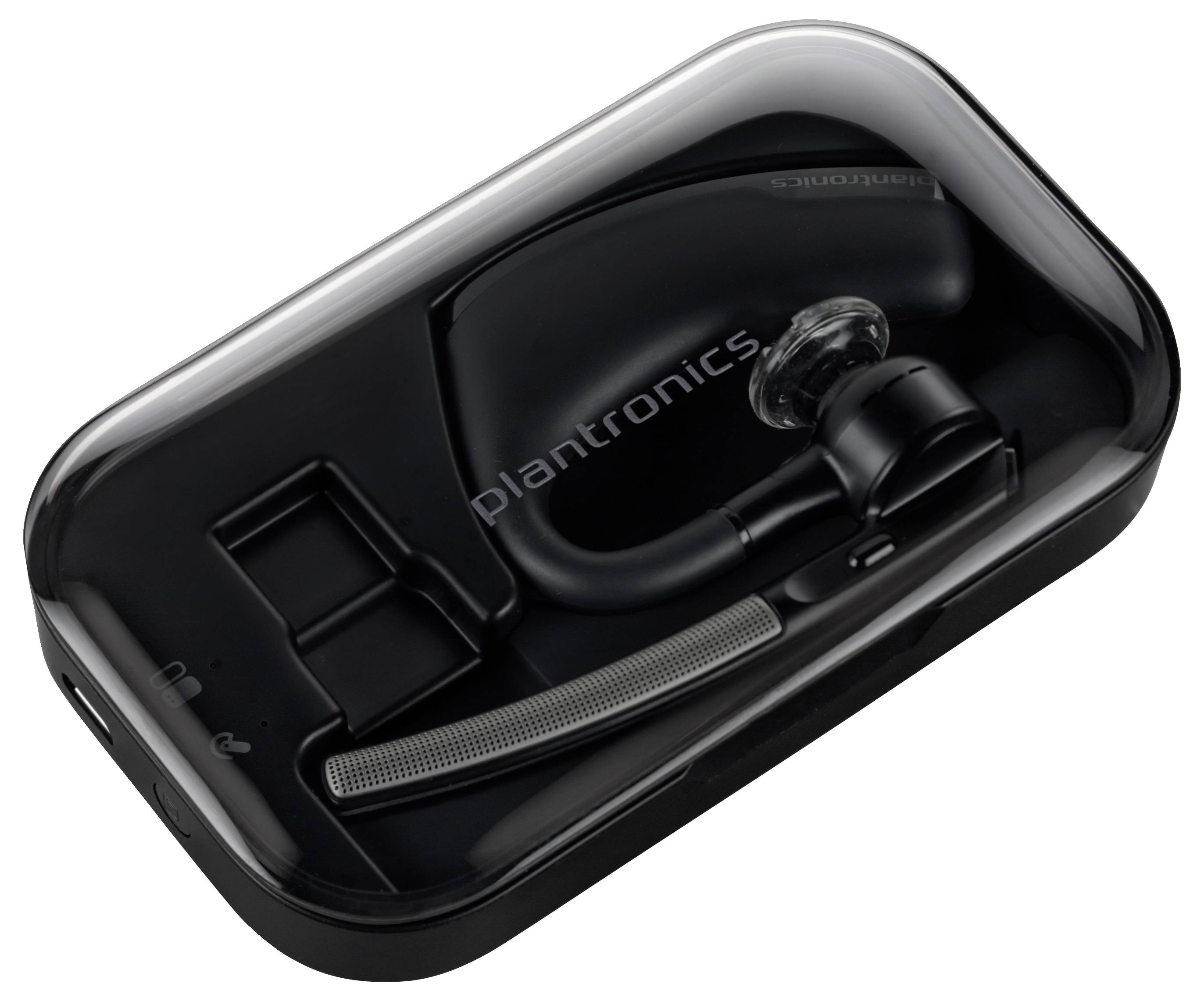 Schwarzes Plantronics-Wireless-Headset mit Ohrbügel in einem Ladeetui mit geöffnetem Deckel.
