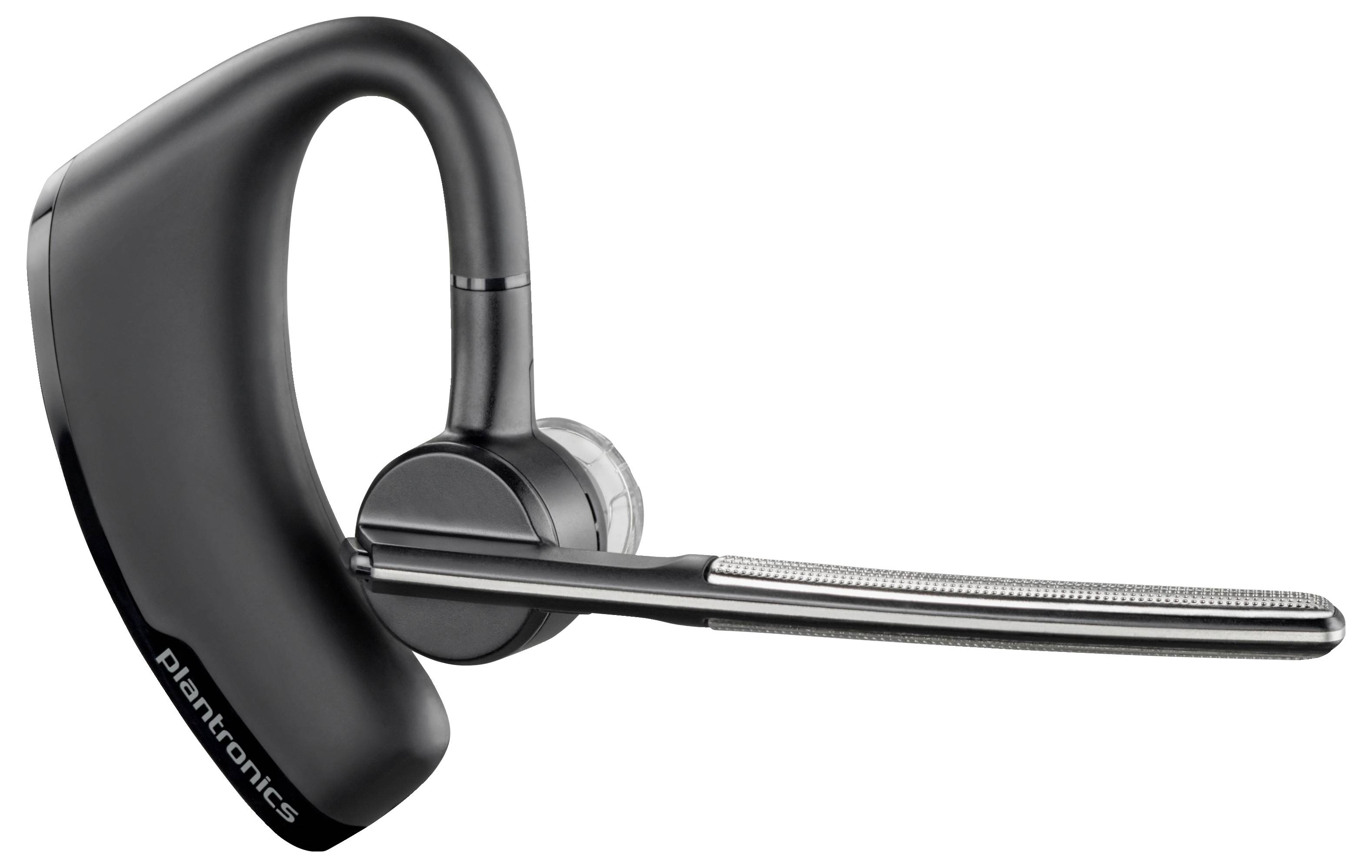 Schwarzes Over-Ear-Bluetooth-Headset mit langem Boom-Mikrofon, vor weißem Hintergrund dargestellt.