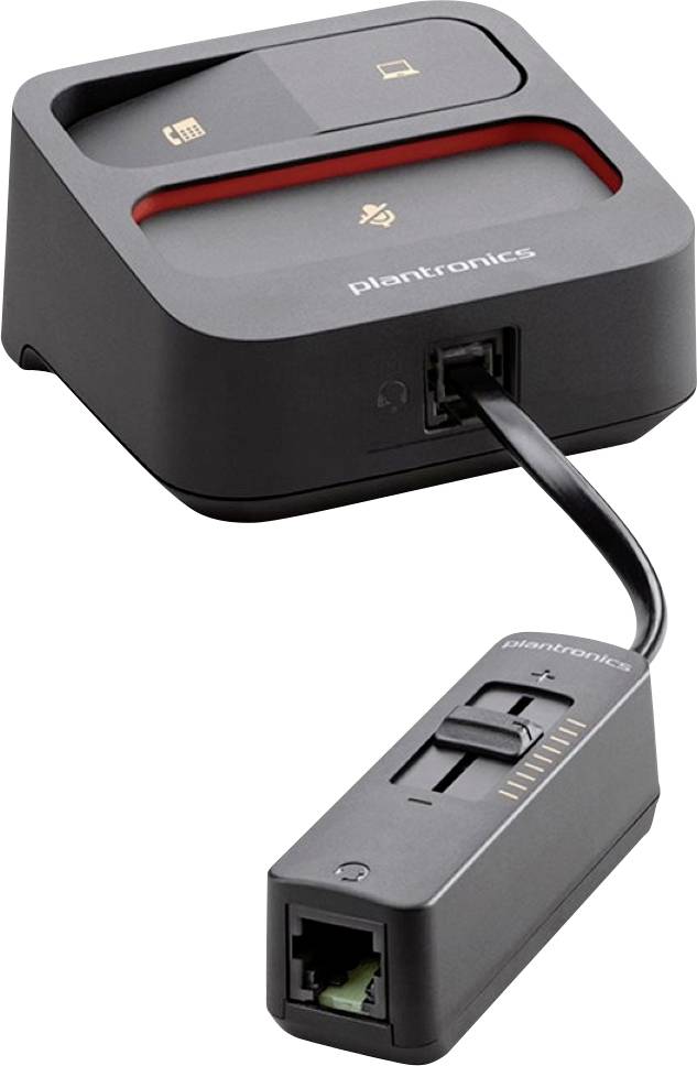 Plantronics-Ladebasis mit abnehmbarem Inline-Steuermodul, das per Kabel verbunden ist und Anrufe- und Stummschalttasten zeigt.