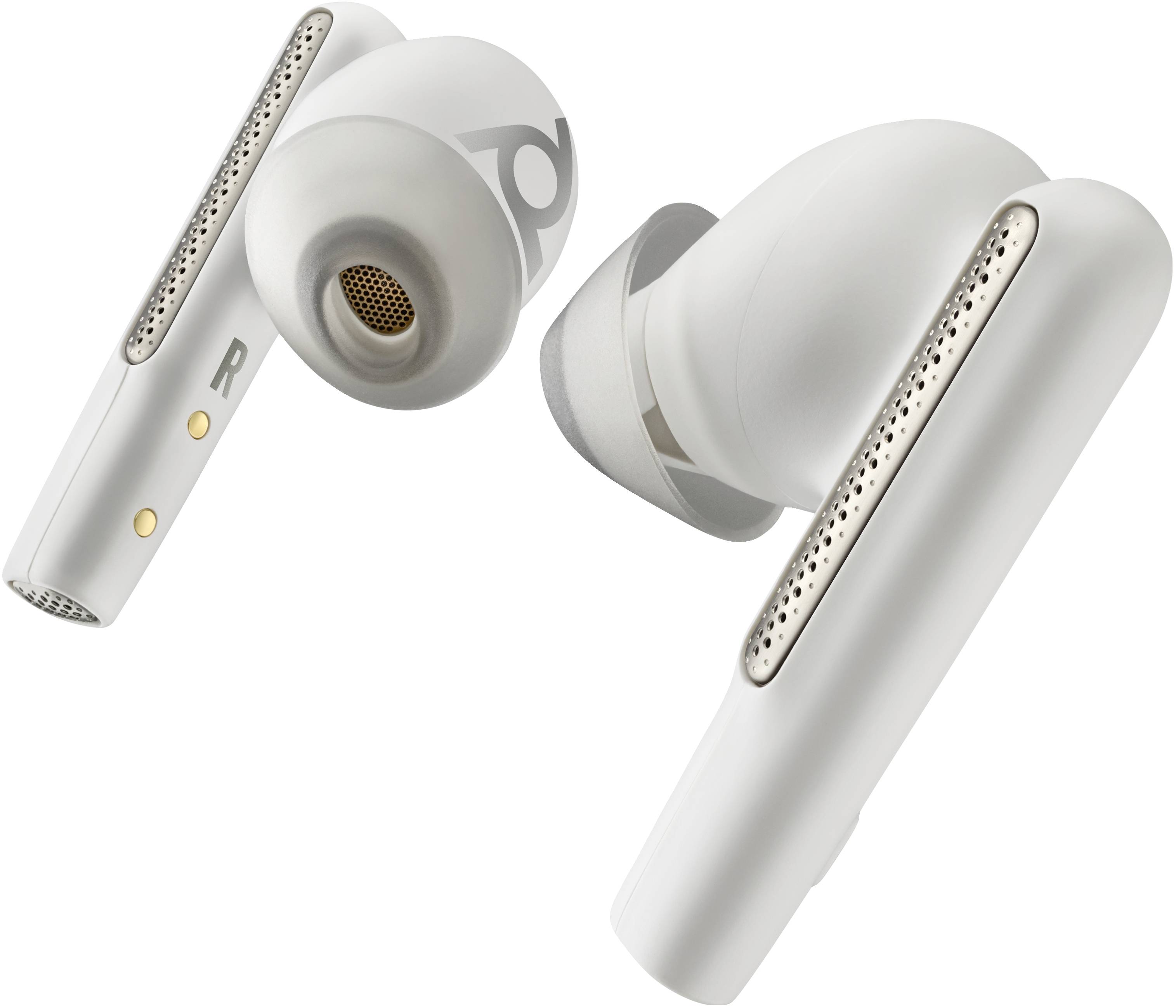 Weiße kabellose In-Ear-Ohrhörer mit Ladekontakten, getrennt auf einfachem weißem Hintergrund dargestellt.