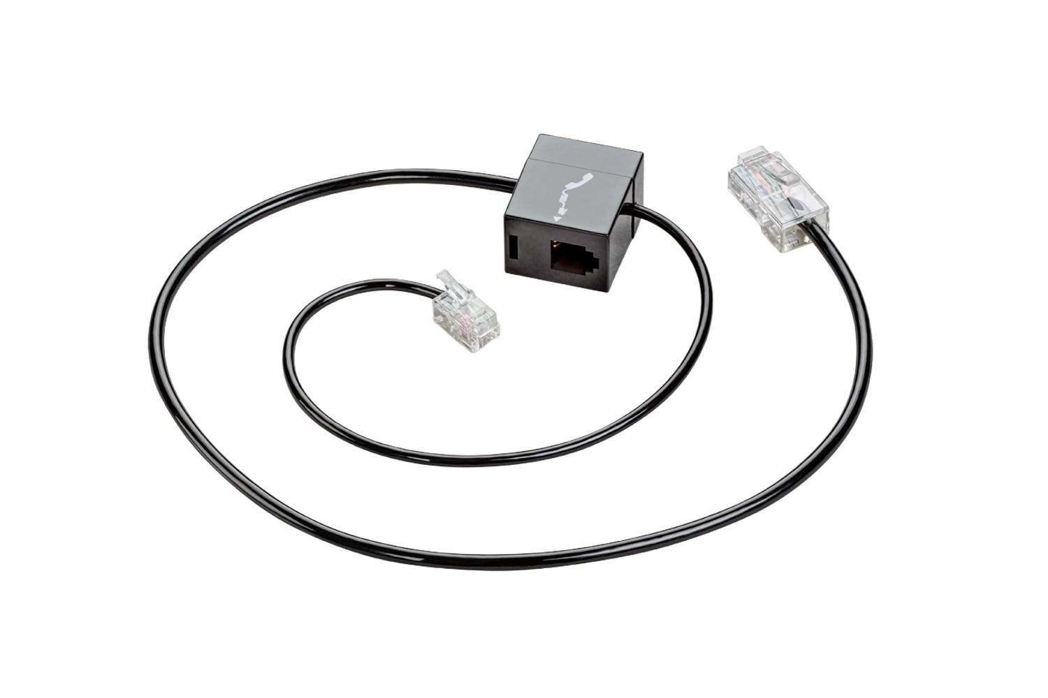 Schwarzes Telefonadapter-Kabel mit zentraler Kupplung und zwei transparenten modularen Steckern auf weißem Hintergrund.