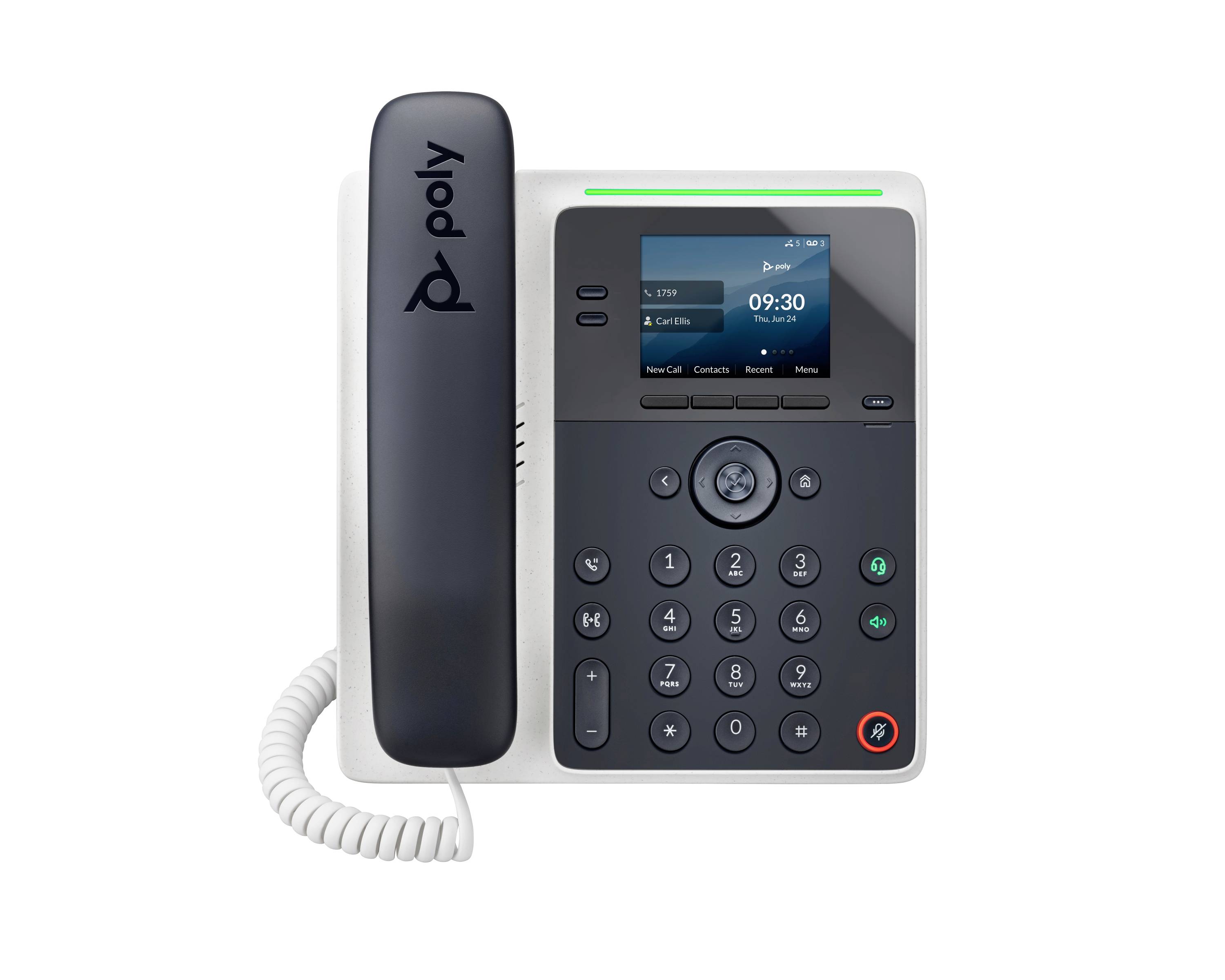 Telefon mit Schnur für das Büro von Poly mit Handset, Farbdisplay, Tastatur, Navigationstasten und Anrufsteuerelementen auf weißem Hintergrund.