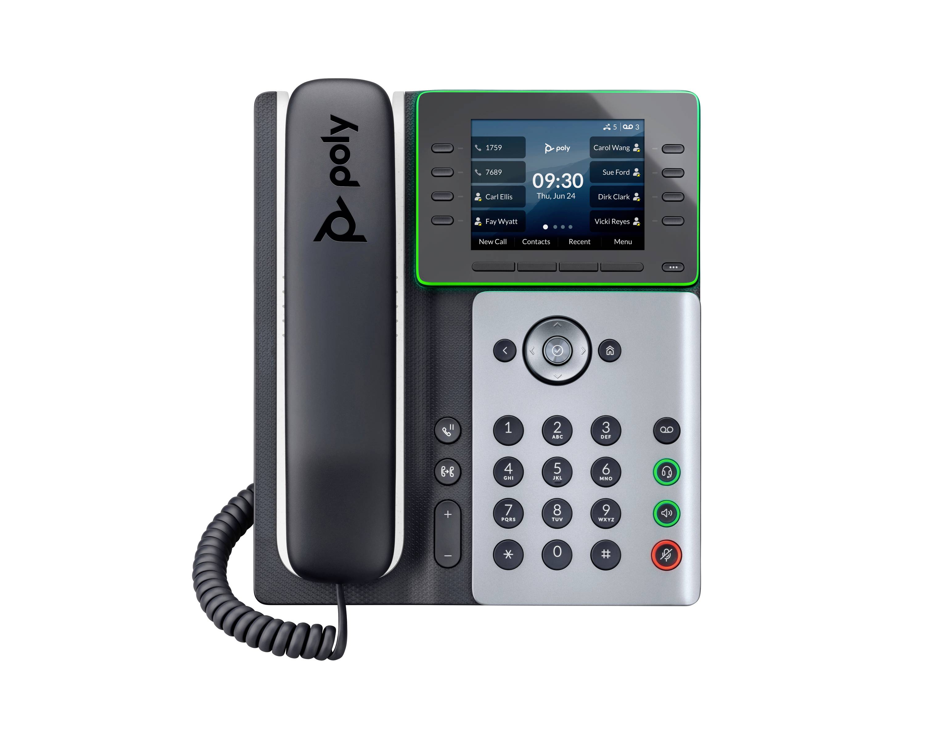 Poly-Bürotischtelefon mit Handset, Farbdisplay, Navigationstastatur und numerischer Tastatur auf weißem Hintergrund.