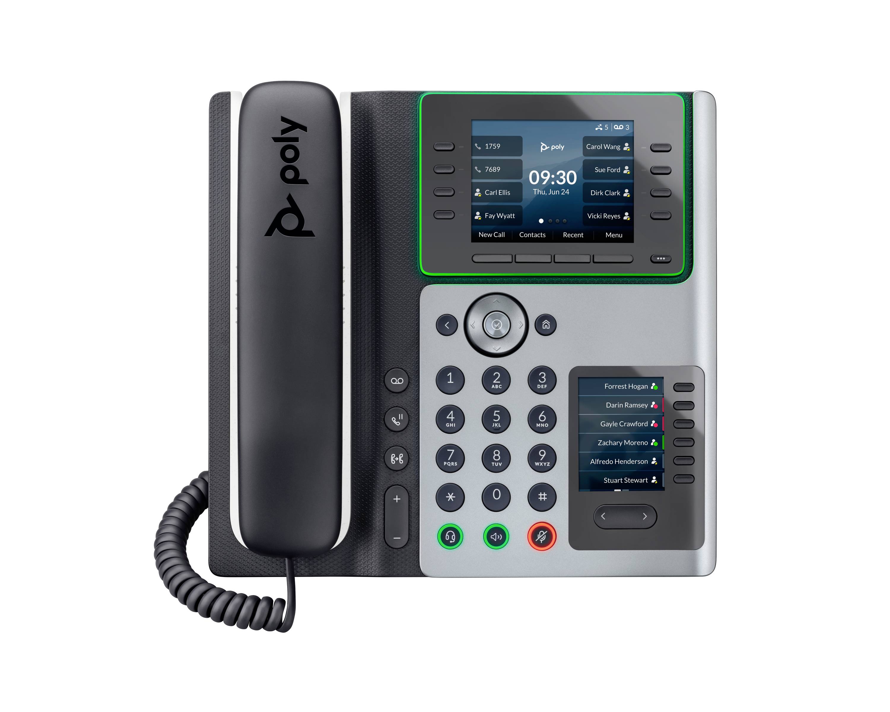 Schreibtischtelefon mit Hörer, Tastatur, Farbdisplay und programmierbaren Leitungstasten, Vorderansicht auf weißem Hintergrund.