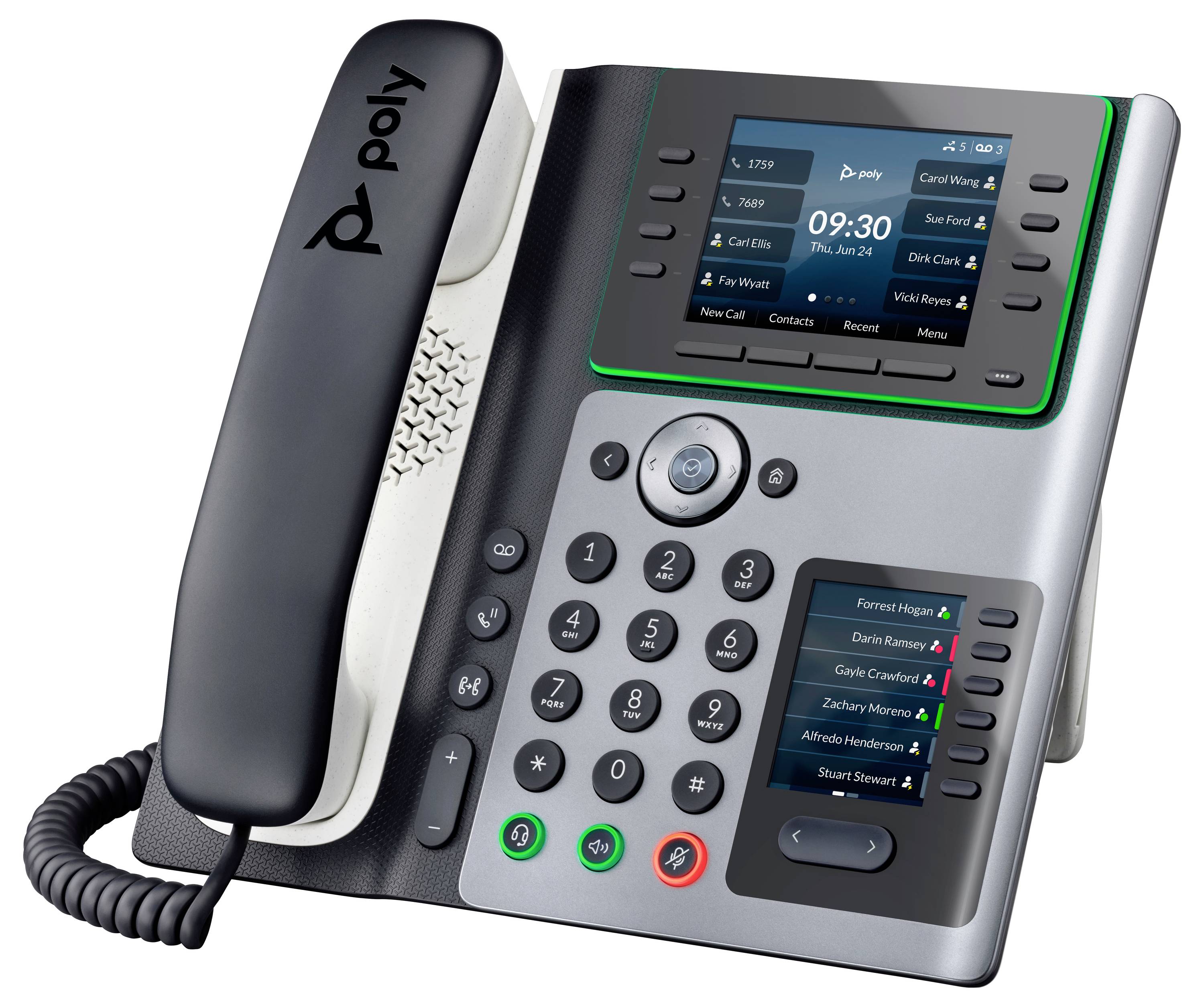 Polyvalentes Bürotischtelefon mit Hörer, digitales Display, Tastatur und Anruftasten mit Seitenbild auf grauer Basis.