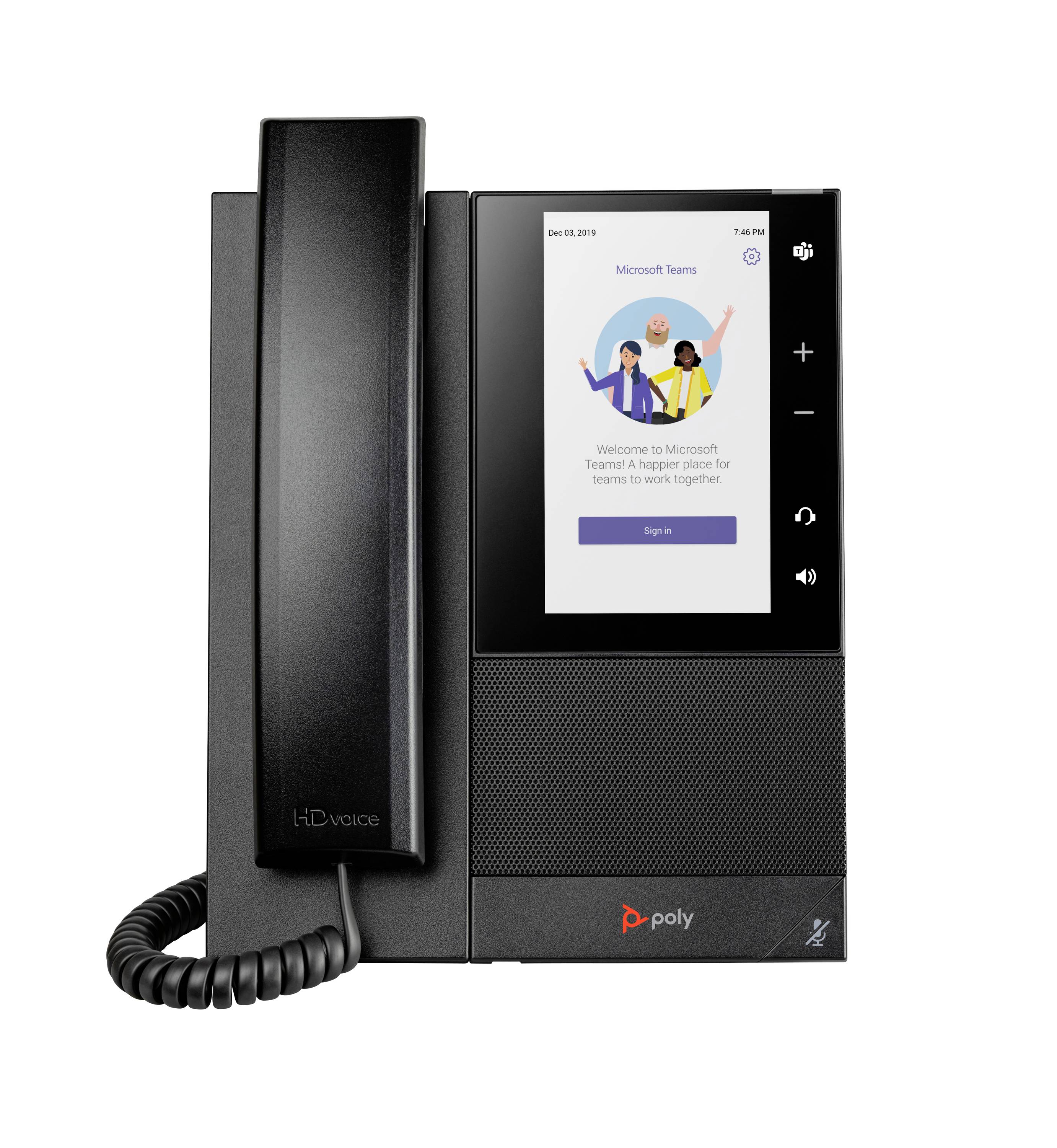 Schwarzes Poly-Schreibtischtelefon mit Hörer und Display mit Microsoft Teams-Anmeldebildschirm auf weißem Hintergrund.