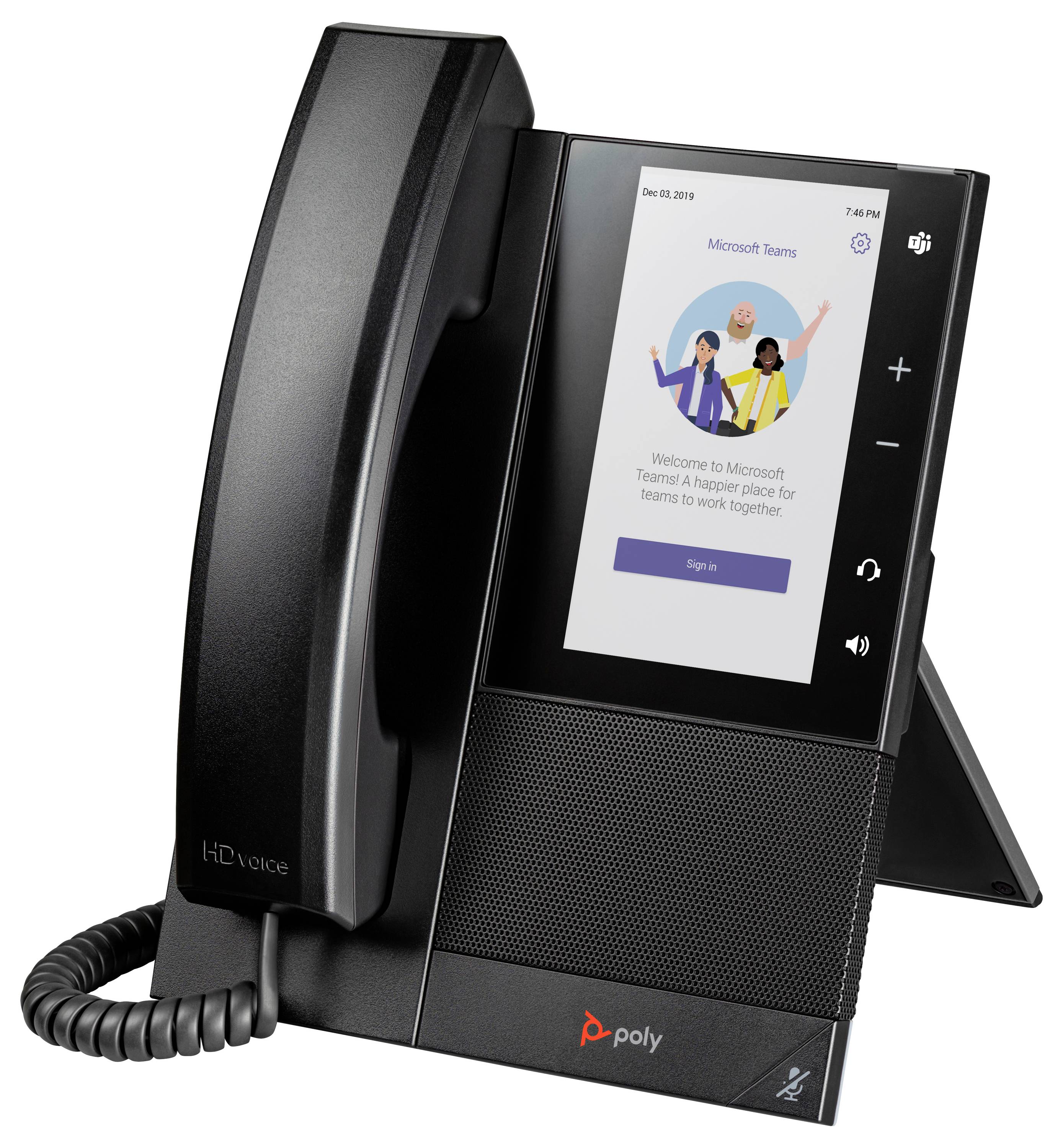 Poly-Schreibtischtelefon zeigt den Microsoft Teams-Willkommensbildschirm mit Hörer auf der Gabel und Anmeldeschaltfläche auf dem Bildschirm.