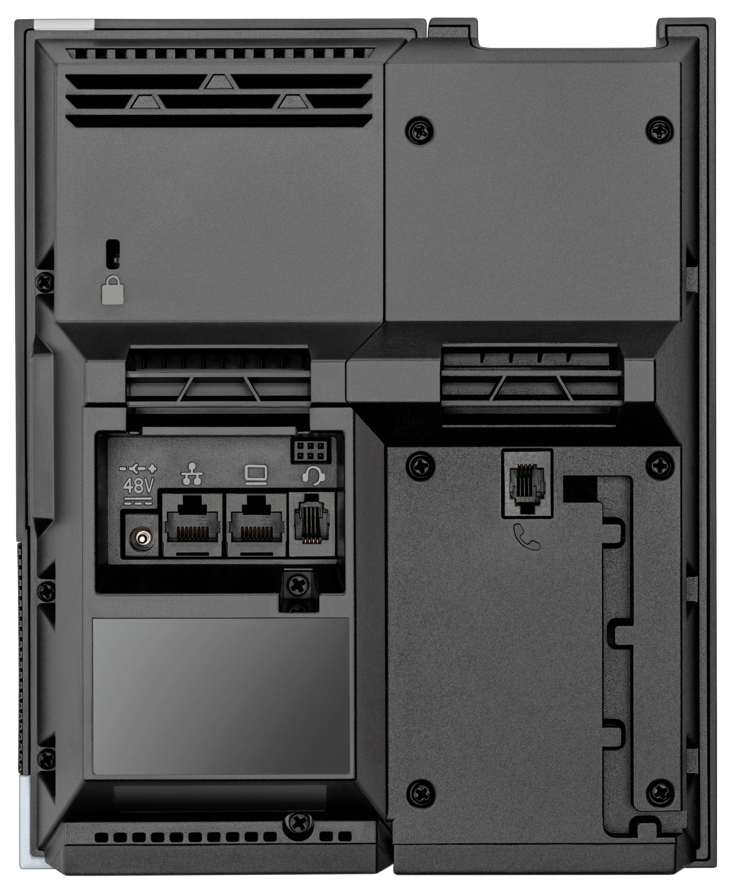 Rückansicht einer wandmontierten Telefon-/Gegensprechanlage mit sichtbaren Verdrahtungsanschlüssen, Steckverbindern und Wartungszugangsplatten zur Installation und Wartung.