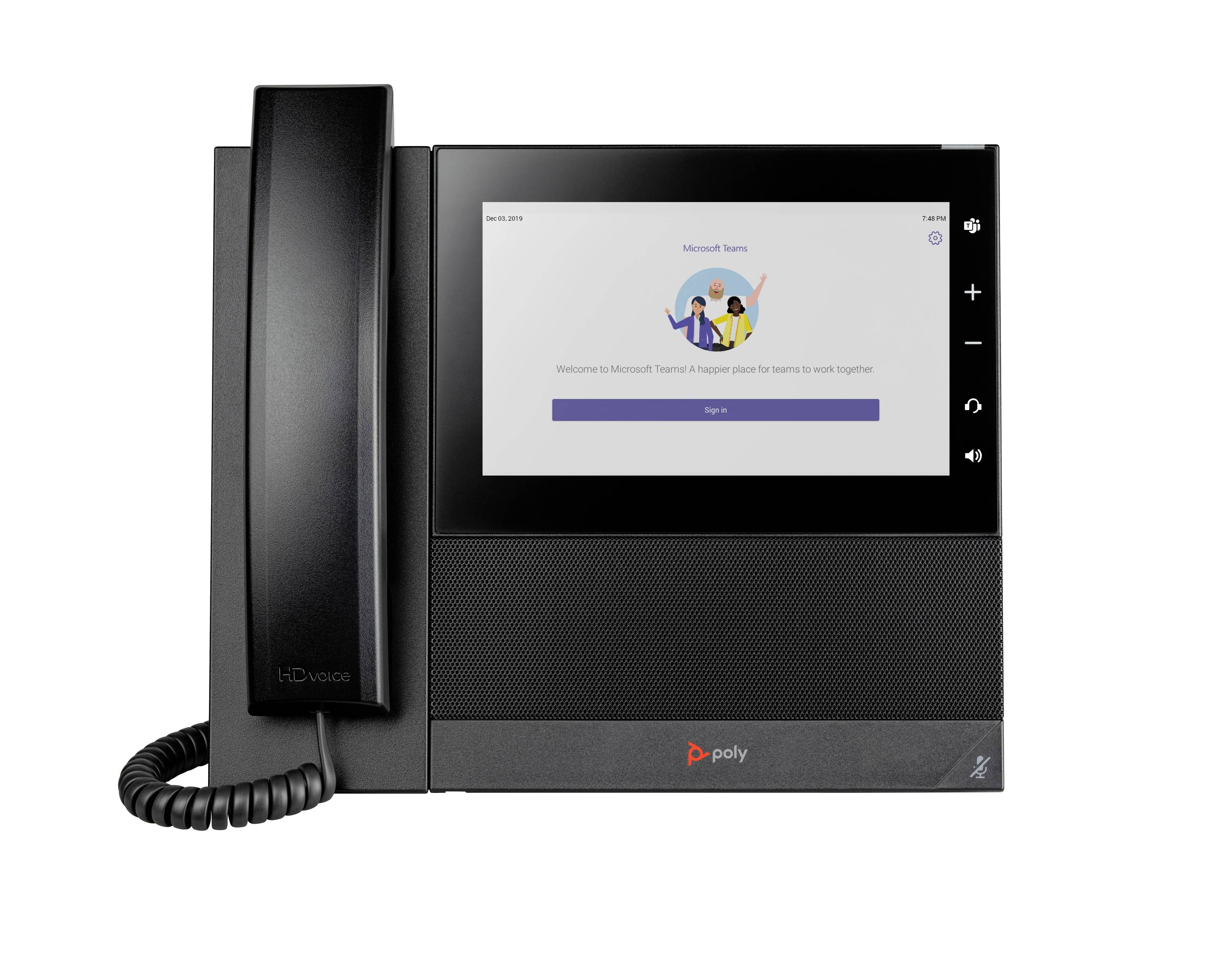 Poly Schreibtischtelefon mit angedocktem Hörer, zeigt einen Microsoft Teams-Willkommensbildschirm und eine Schaltfläche 