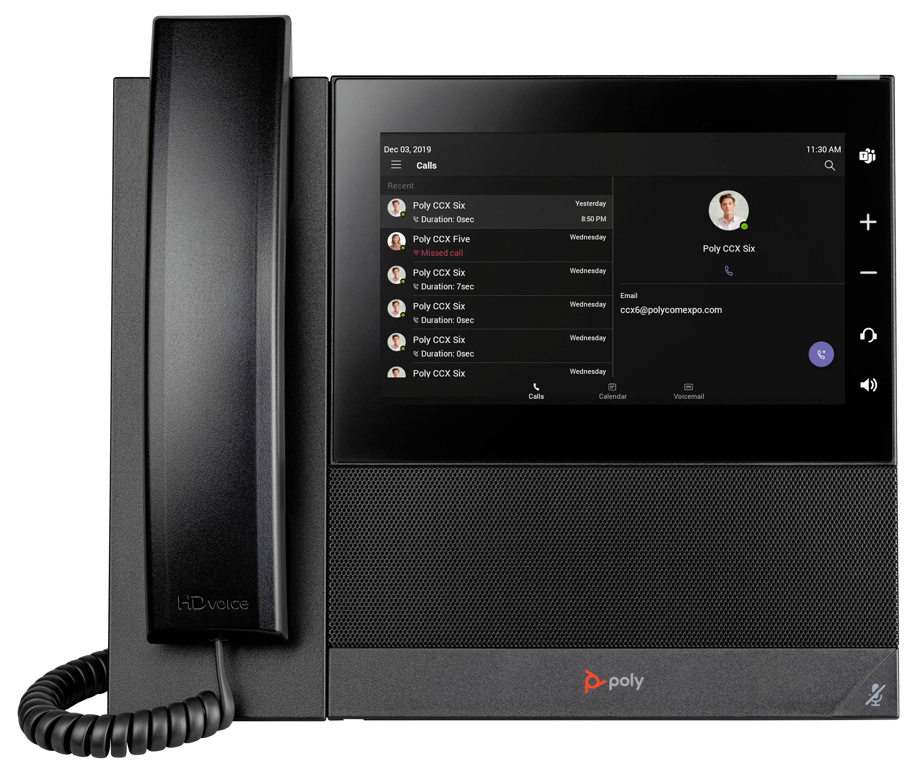 Ein schwarzes Poly-Schreibtischtelefon mit Hörer auf der linken Seite, Touchscreen-Anrufliste und Kontaktdetails angezeigt, sowie physischen Lautstärke-/Anrufschaltflächen auf der rechten Seite.