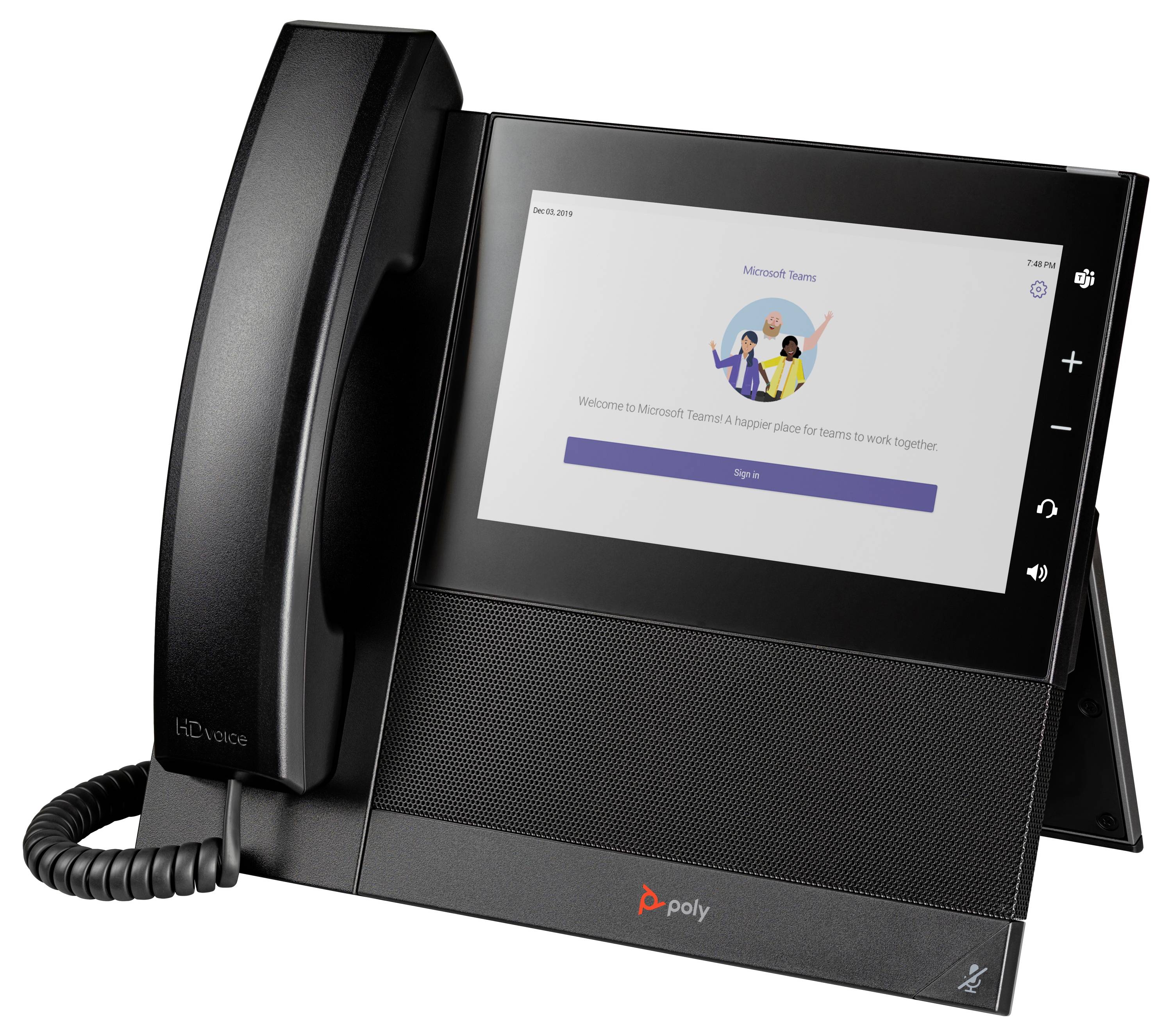 Poly Microsoft Teams Schreibtischtelefon mit Touchscreen, das den Teams-Willkommensbildschirm und eine Schaltfläche 