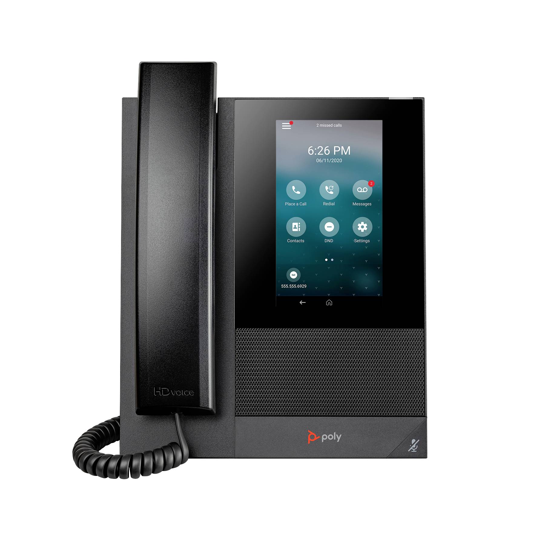 Schwarzes Poly HD Voice Schreibtischtelefon mit Hörer, Touchscreen mit Anrufen, Medien, Kontakte, Voicemail und Einstellungen Symbolen.