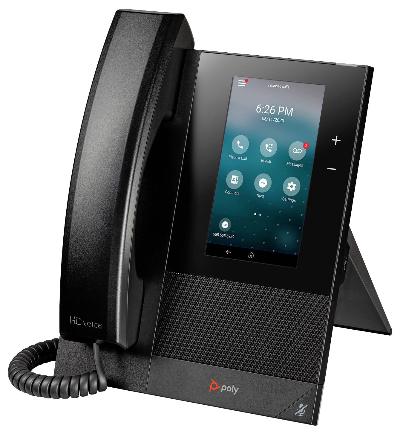 Schwarzes Poly-Bürotischtelefon mit Hörer, Touchscreen mit Anrufmenü und Plus-/Minus-Lautstärkereglern auf der rechten Seite.