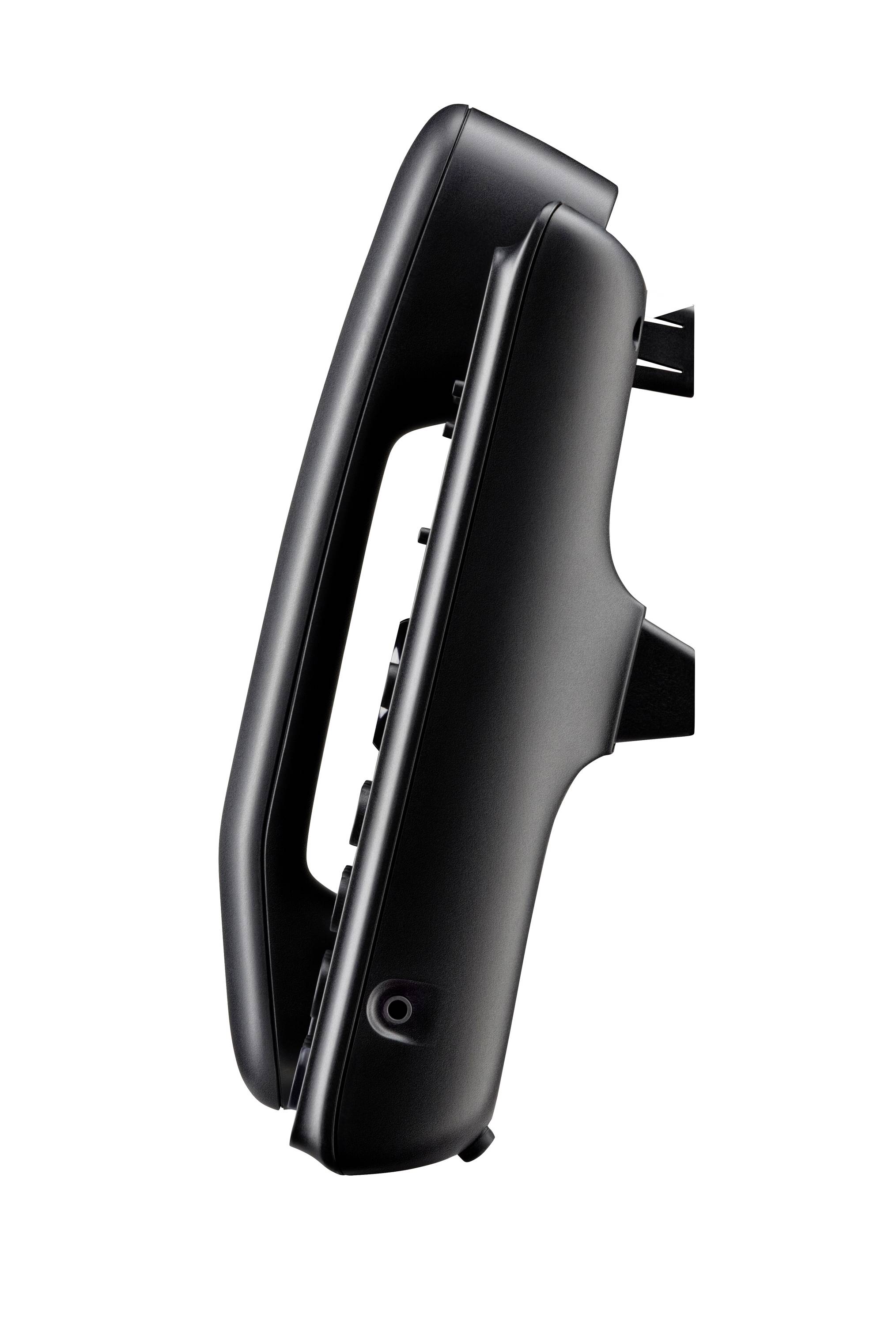Schwarzer an der Wand montierter Telefonhörer oder Sprechanlage, in Seitenansicht vor weißem Hintergrund dargestellt.