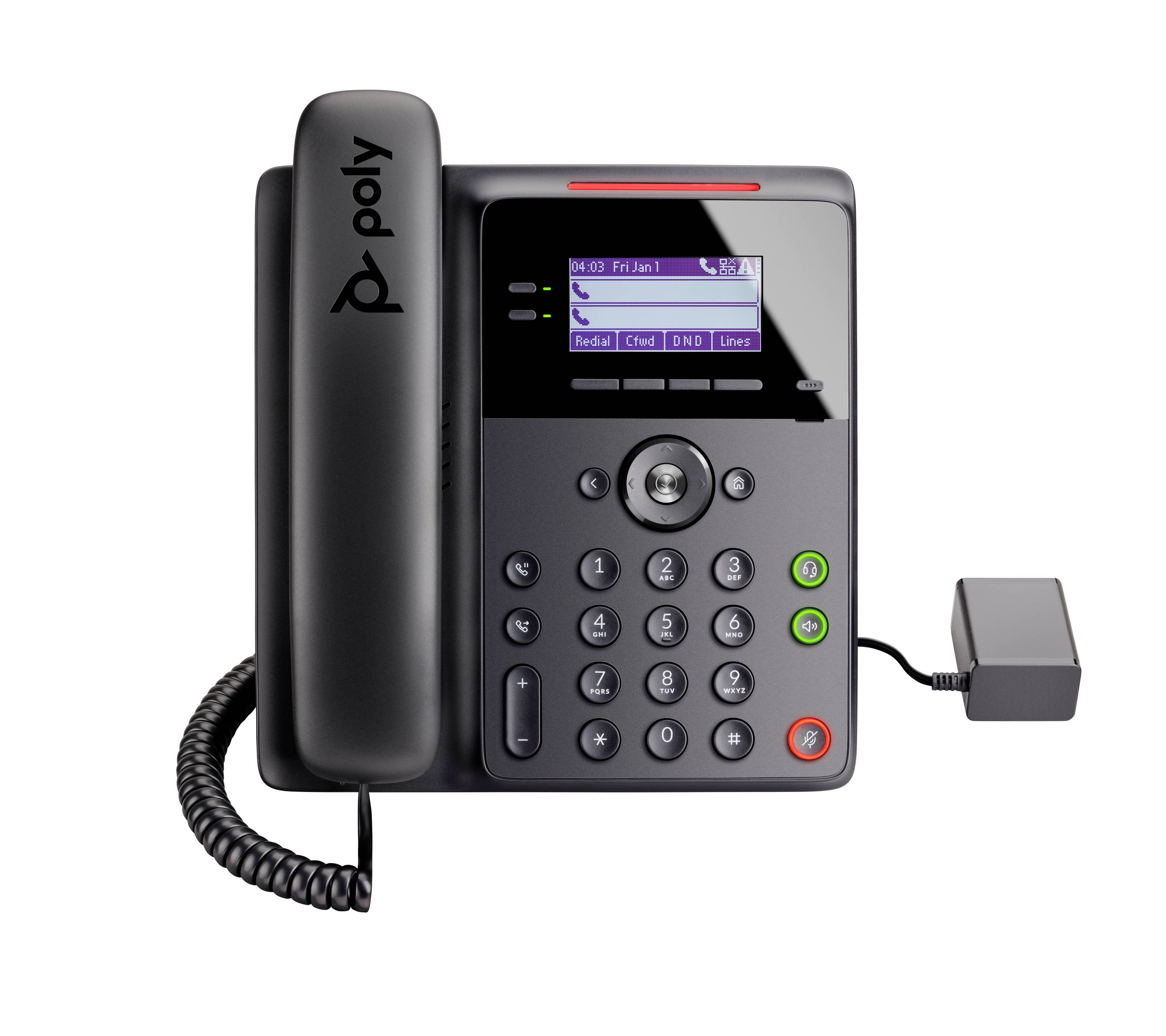 Schwarzes Poly-Schreibtischtelefon mit Hörer, Tastenfeld, kleinem Display und angeschlossenem Netzteil auf weißem Hintergrund.