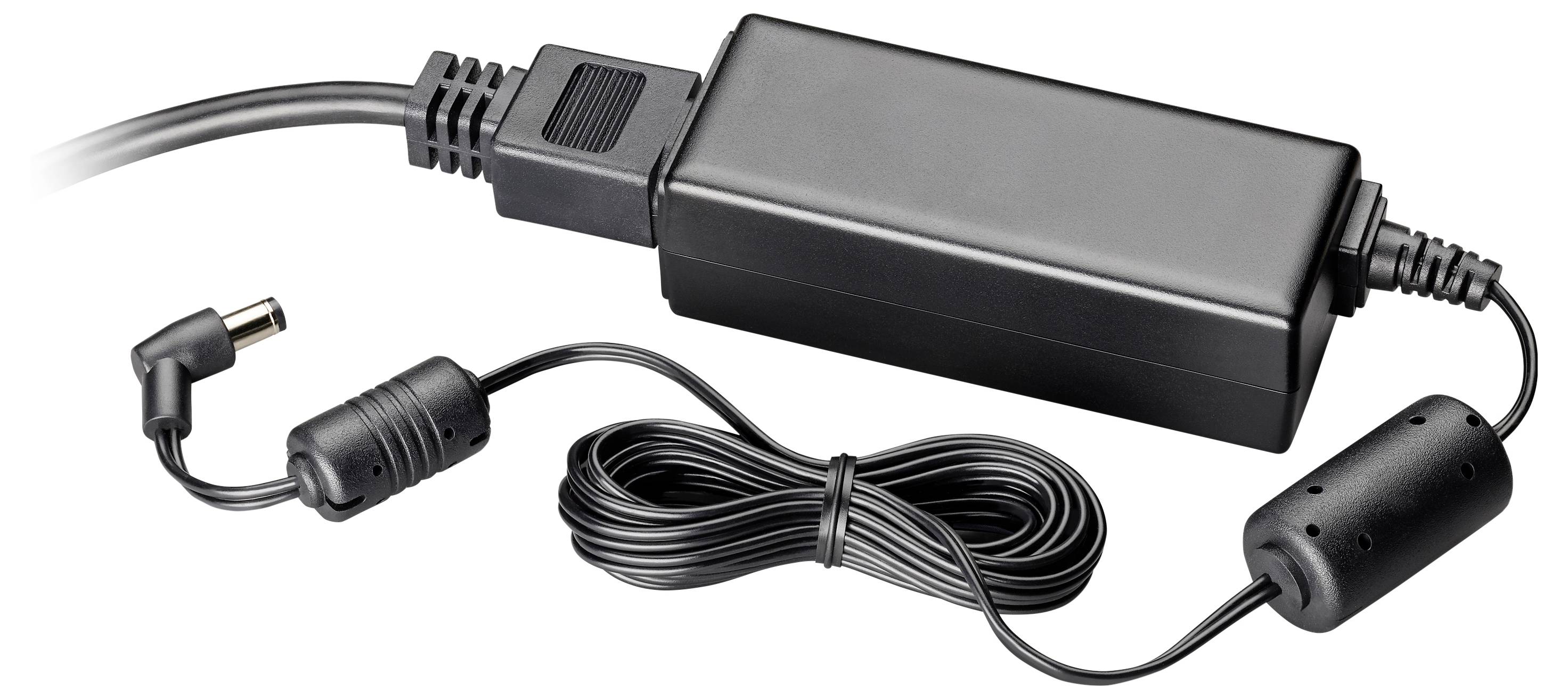 Schwarzer AC-Stromadapter mit angebrachtem Kabel, rechtwinkliger Zylinderstecker und Ferritkernen für Elektronik.