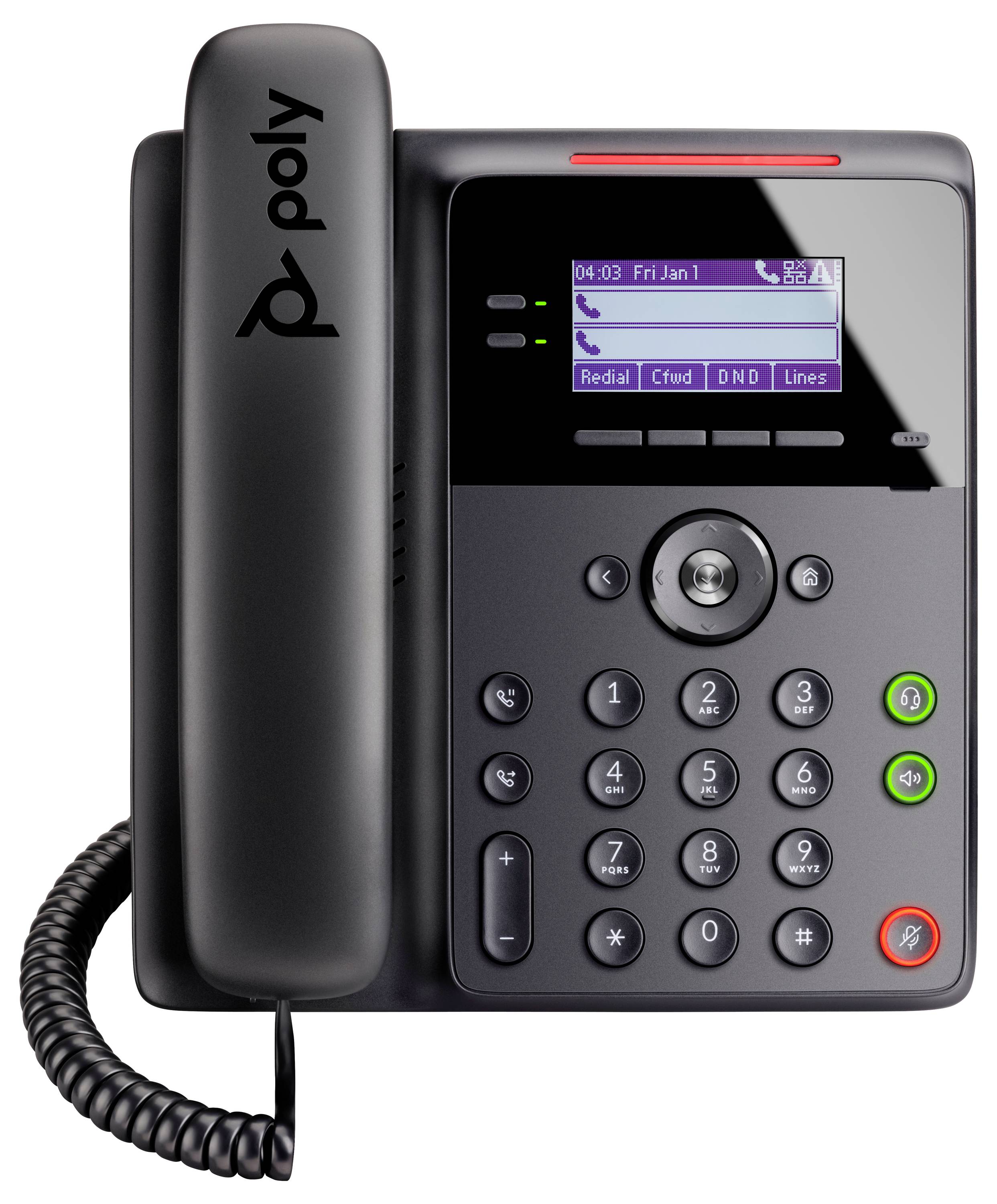 Schwarzes Poly-Bürotischtelefon mit Hörer, kleinem Display, Tastatur sowie beleuchteten Anruuf-, Lautsprecher- und Stummschalttasten.