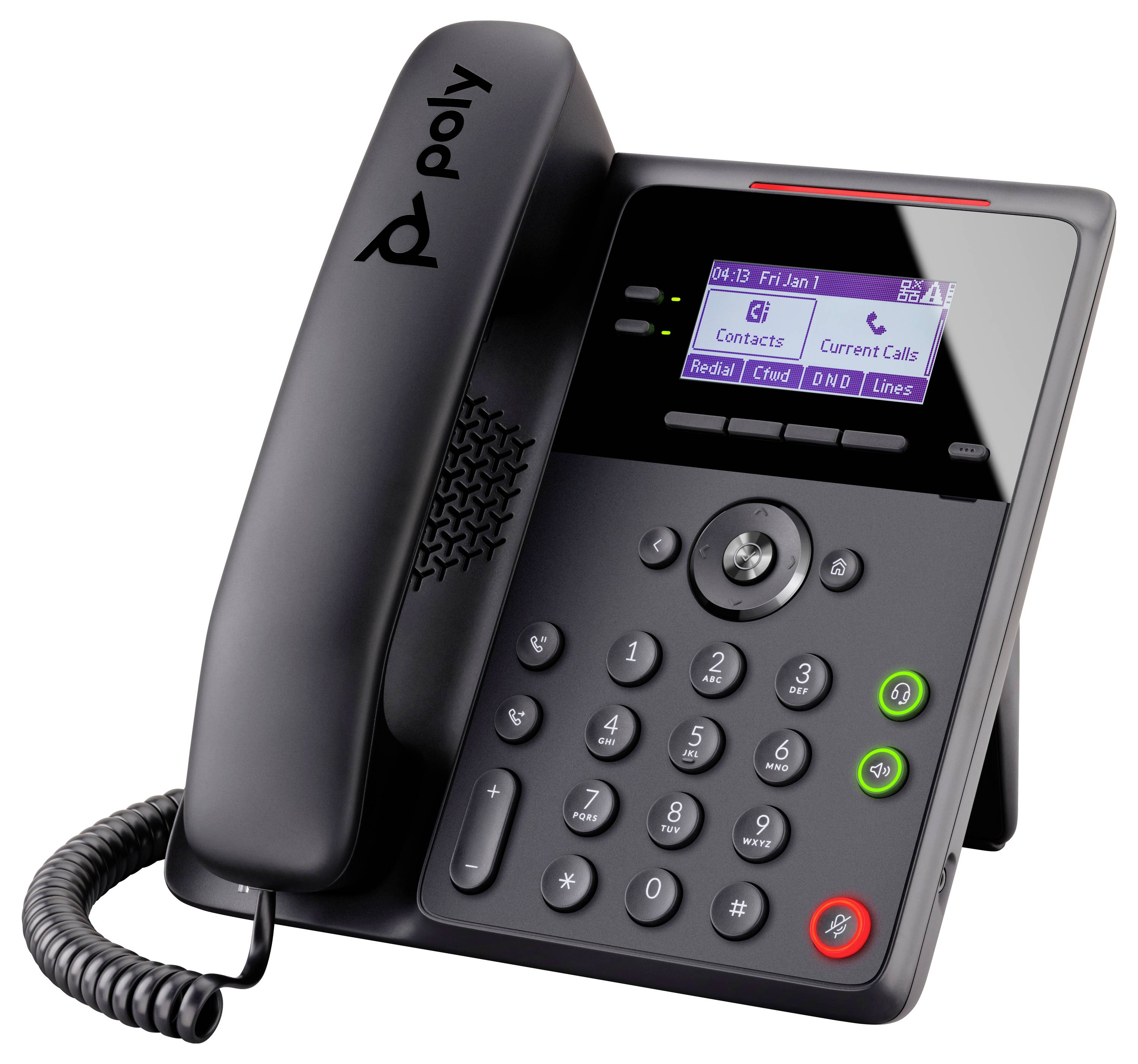Schwarzes Poly-Schreibtischtelefon mit Handset und Tastenfeld, kleines Display mit Kontakten und aktuellen Anrufen.