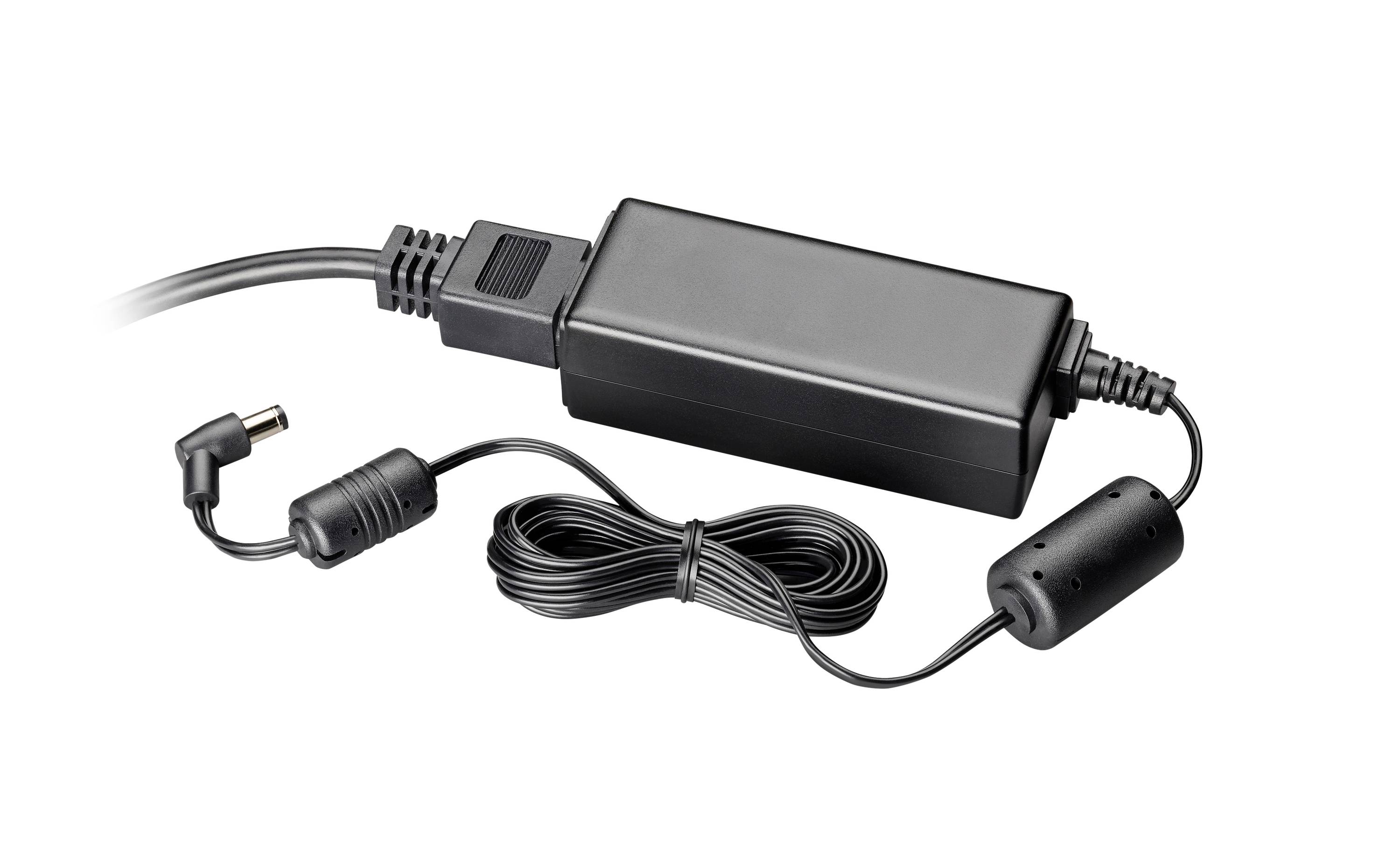 Schwarzer AC-Stromadapter mit Kabel, Barrel-Stecker und integriertem Ferritfilter, dargestellt auf weißem Hintergrund.