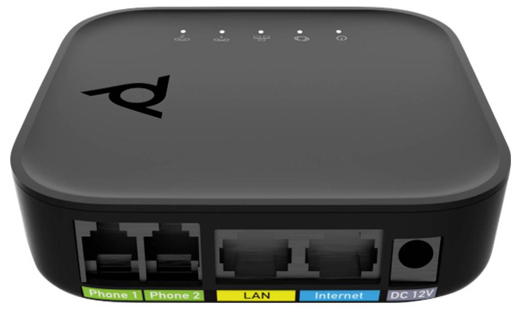 Schwarzer Internet-Router/Modem mit vier Statusleuchten und Anschlüssen mit den Beschriftungen „Phone 1