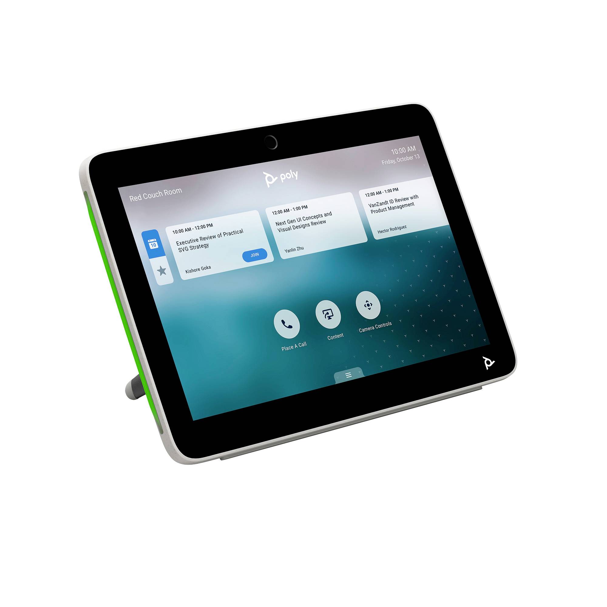 Tablet-ähnlicher Poly-Konferenzraumcontroller auf einem Ständer, der Raumplanungskarten und Touch-Tasten zur Steuerung von Telefon, Inhalten und Kamera anzeigt.