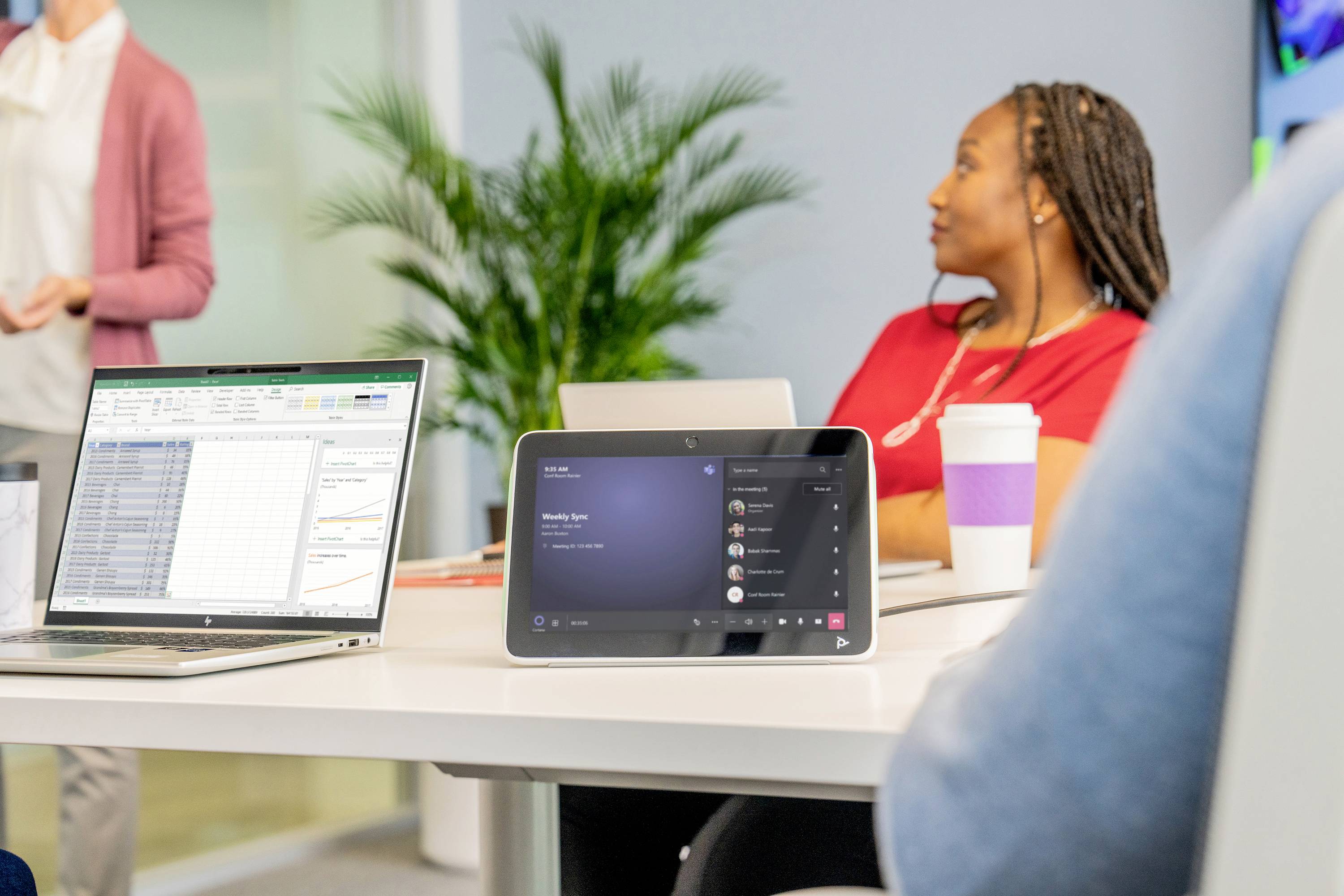 Besprechungstisch mit Laptop und Tablet, die Work-Dashboards anzeigen, eine Kaffeetasse und Personen, die in einer Büroumgebung miteinander sprechen.