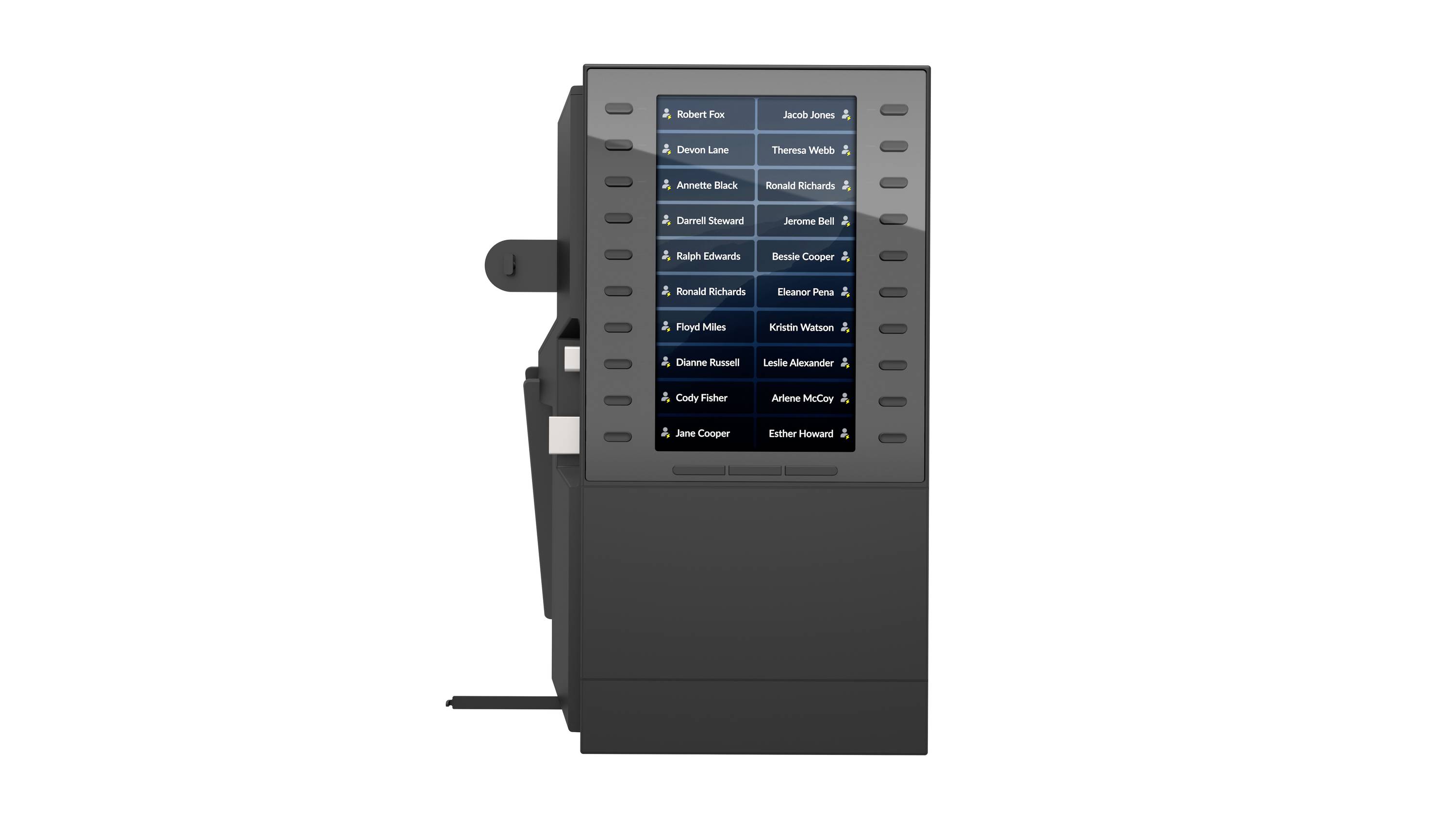 Seitenansicht einer Wahlurne/eines Wahlgeräts mit einem Bildschirm, auf dem Kandidatennamen in Reihen aufgelistet sind, was auf eine elektronische Wahlschnittstelle hindeutet.
