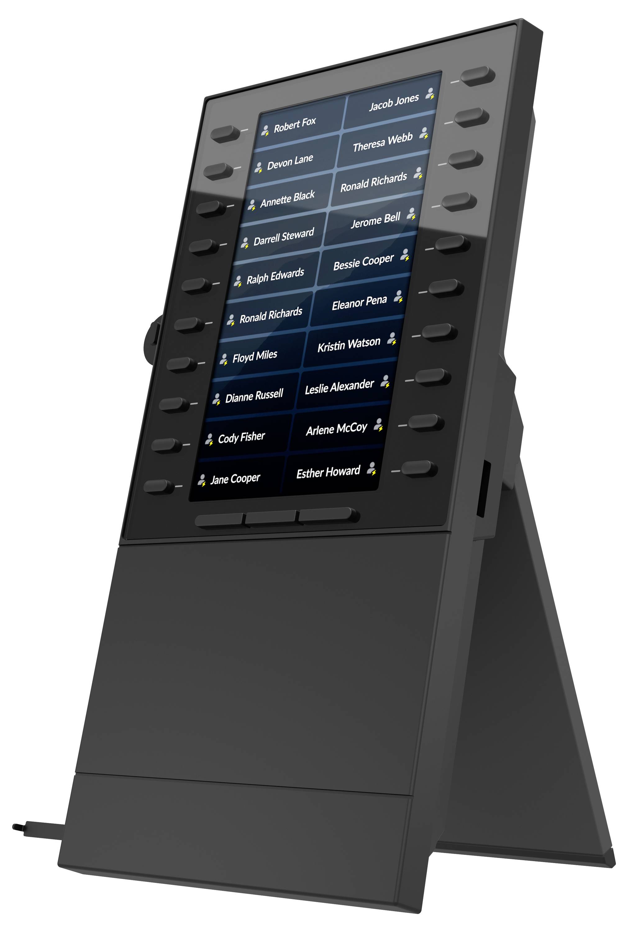 Schwarzes schräges Touchscreen-Terminal mit zweifeldriger Namensliste und Seitenschaltflächen, wahrscheinlich zum Auswählen oder Anrufen einer Person.