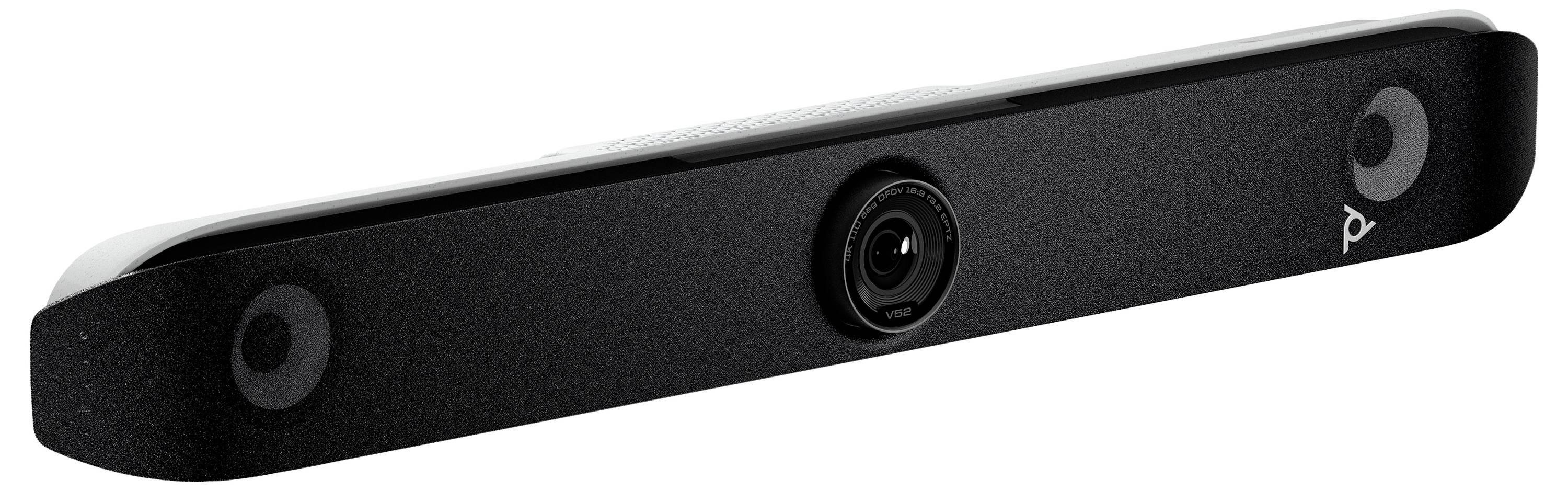Schwarze Videokonferenz-Kamerabar mit zentraler Linse und Seitensensoren auf weißem Hintergrund.