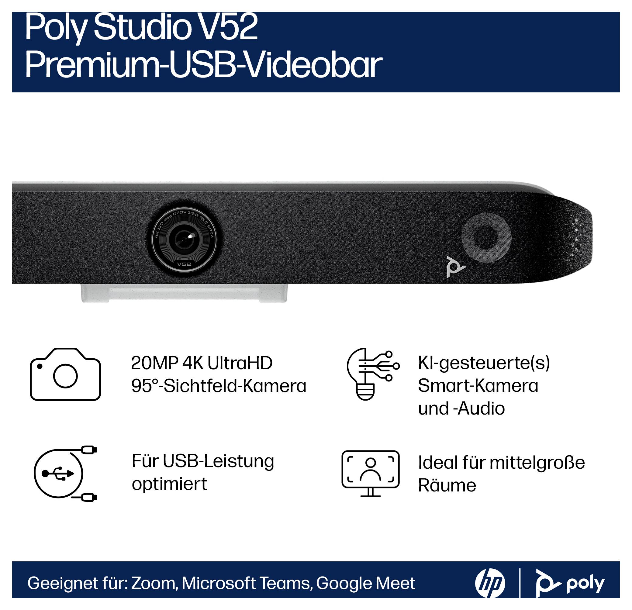 Werbebild einer Poly Studio V52 Premium-USB-Videobar mit integrierter 20MP-4K-UltraHD-95°-Kamera und KI-gesteuertem intelligenter Kamera- und Audiofunktion, geeignet für mittelgroße Räume und USB-betriebene Nutzung.