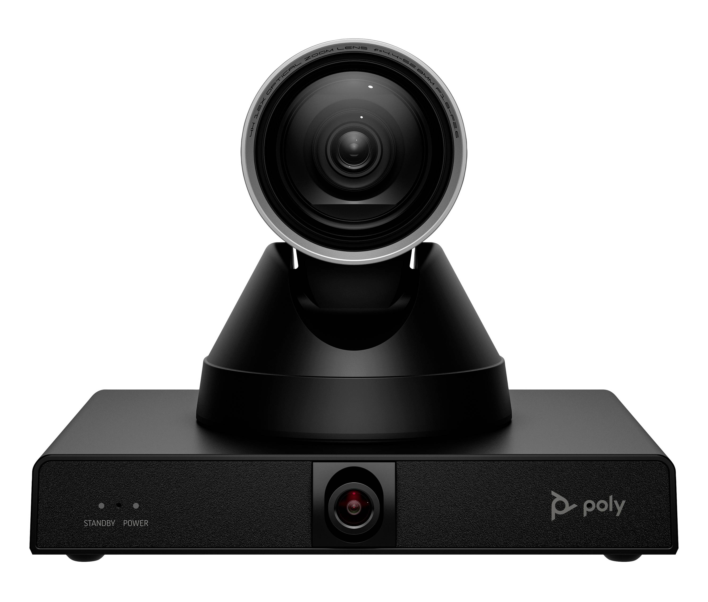 Schwarze Poly-Videokonferenzkamera mit großem Objektiv auf einer Basiseinheit, Vorderansicht auf weißem Hintergrund.