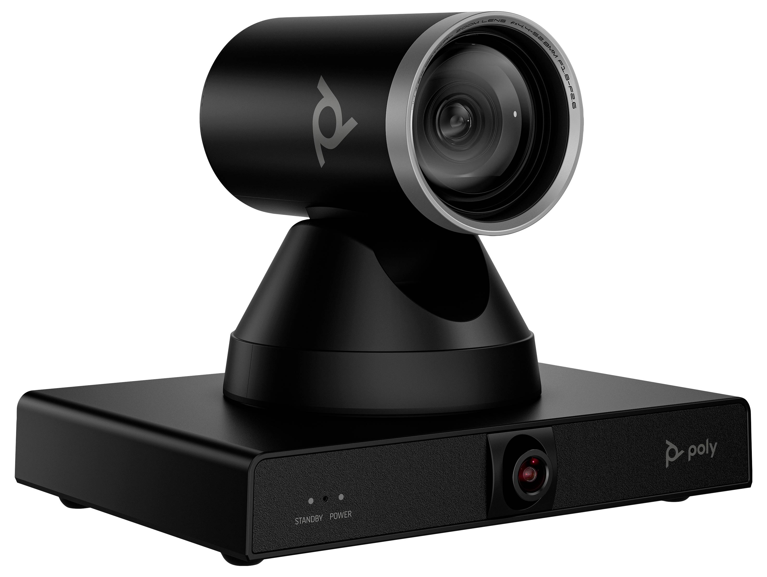 Poly-Videokonferenzkamerasystem mit einer montierten Kamera auf einer schwarzen Basiseinheit vor weißem Hintergrund.