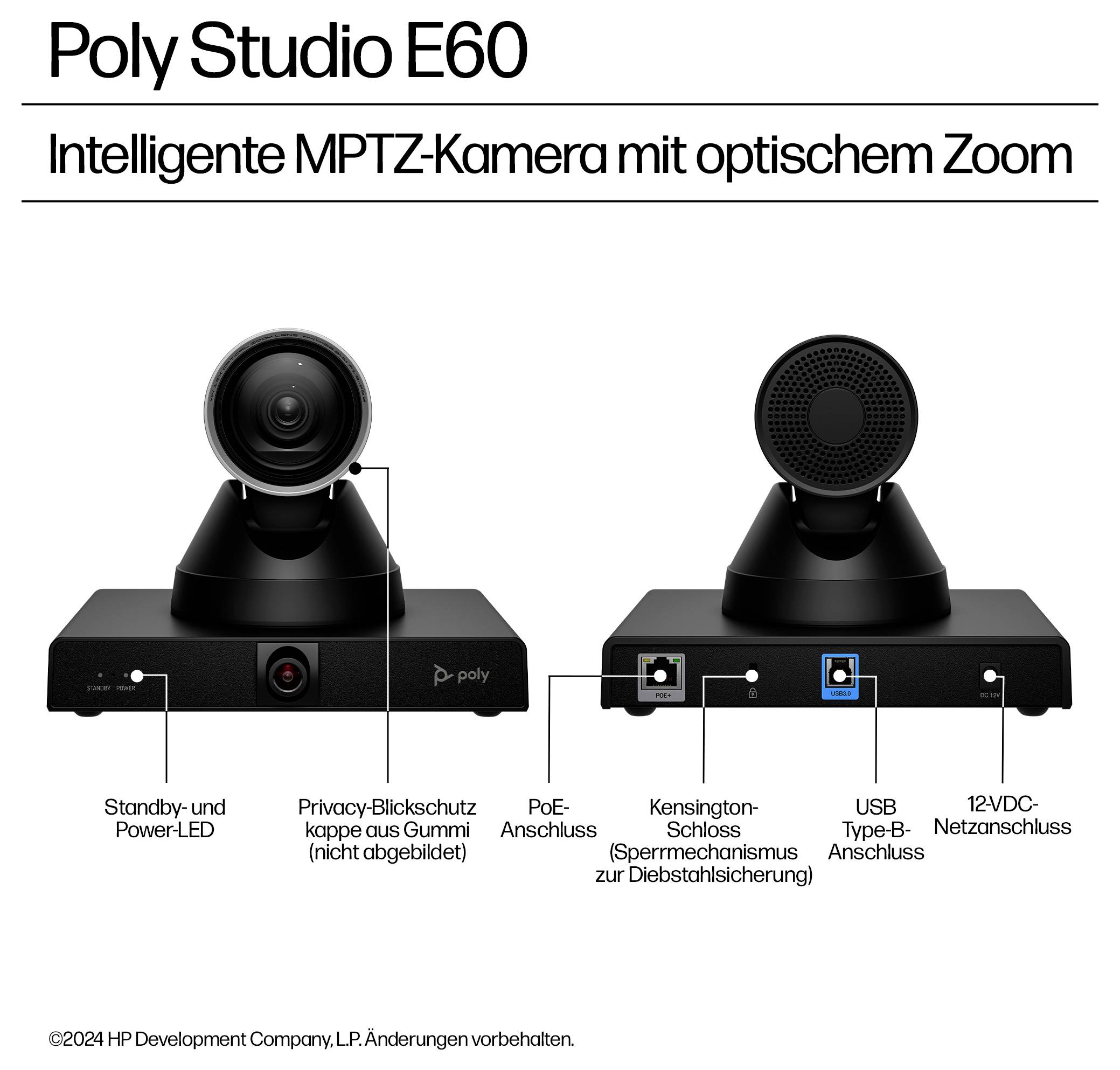 Poly Studio E60 intelligente PTZ-Kamera mit optischem Zoom, Vorder- und Rückansichten mit beschrifteten Anschlüssen und Funktionen wie Datenschutzblende, PoE, USB-C, Kensington-Schloss und 12V-Stromversorgung