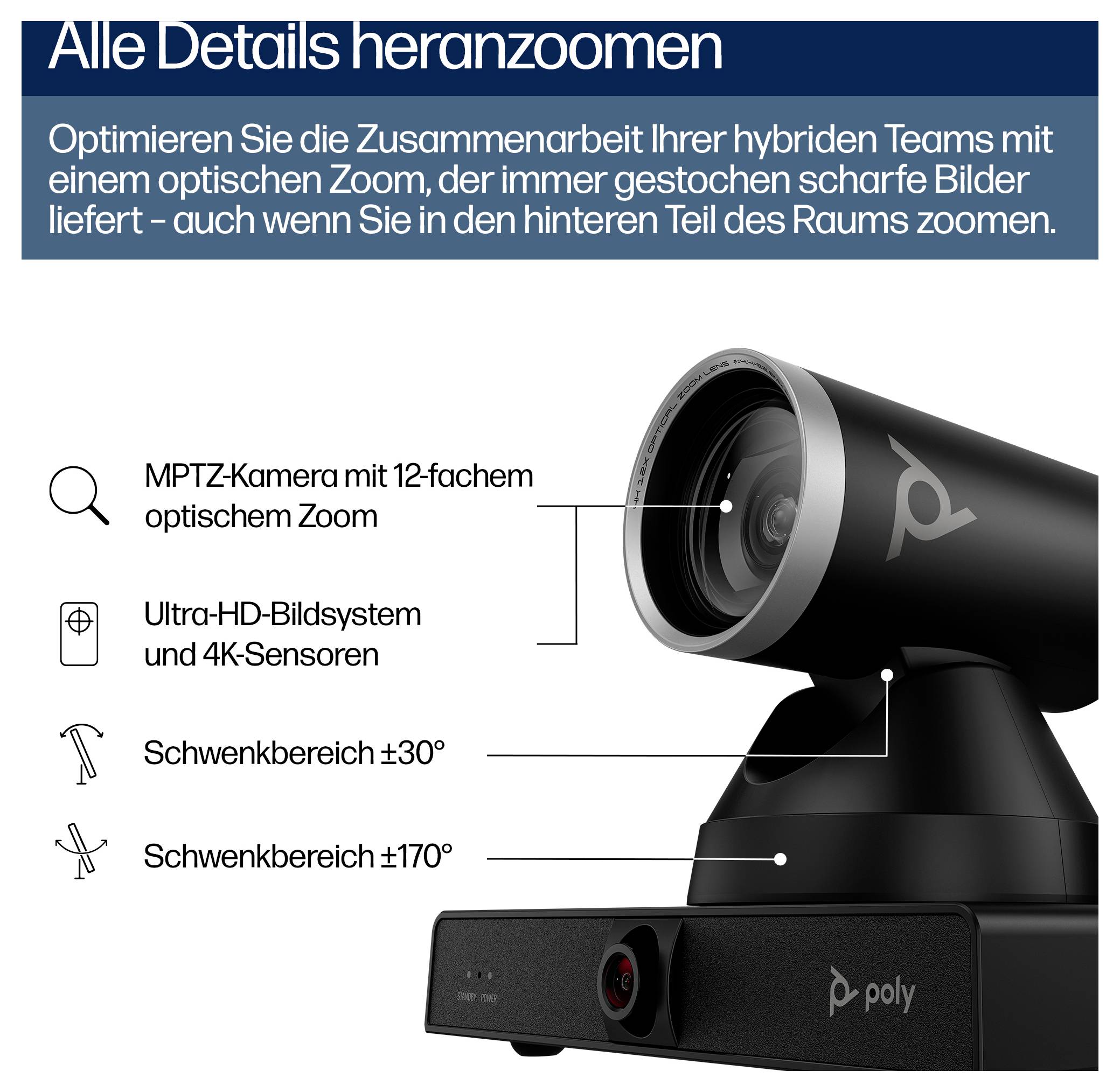 Poly MPTZ Kamera12x optischer ZoomUltra-HD und 4K Sensoren±30°/±170° SchwenkbereichFür hybride Meetings