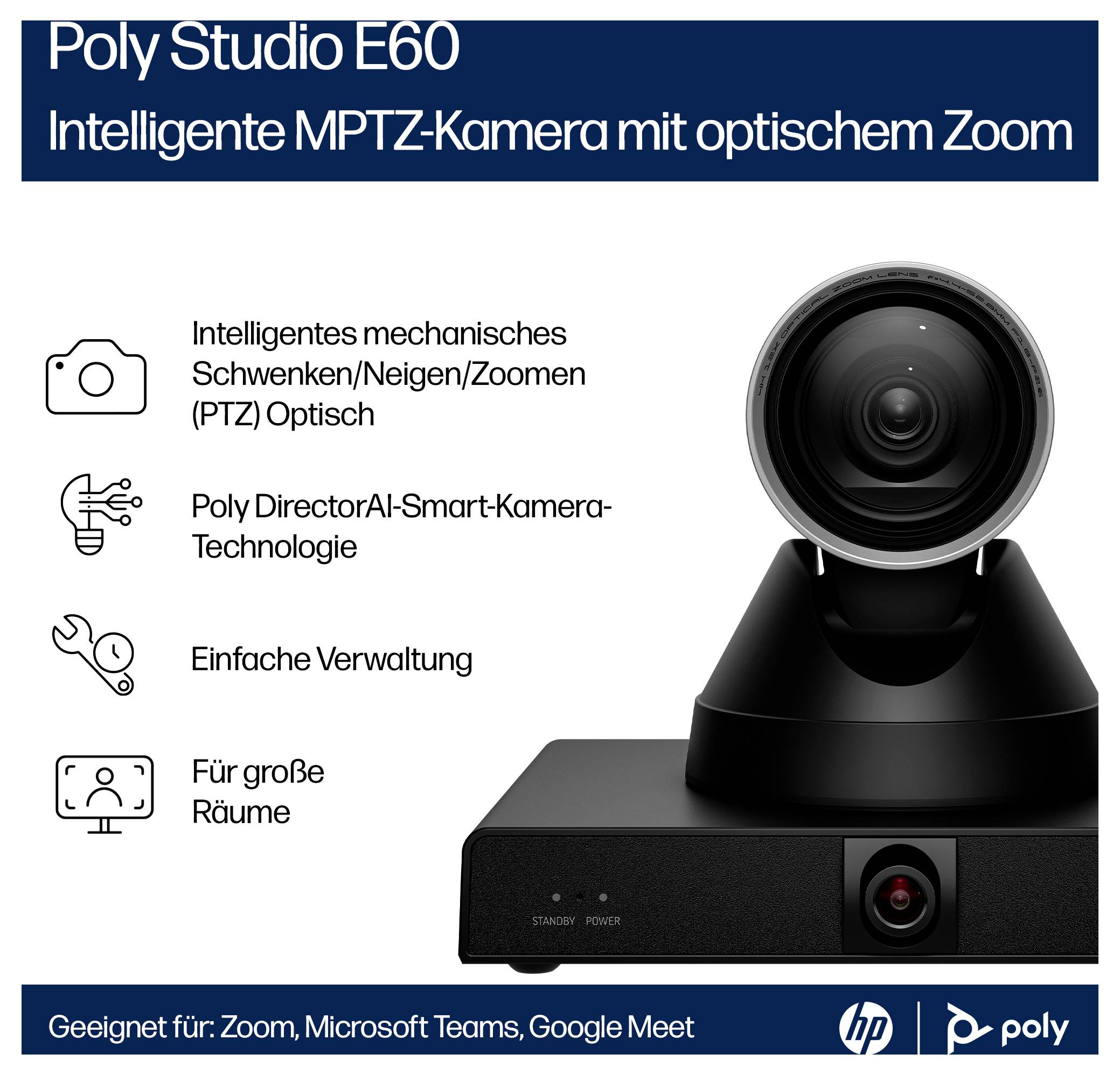 Werbegrafik für Poly Studio E60 PTZ-Kamera mit optischem Zoom, mit Auflistung von intelligenter KI-Kameratechnologie, einfacher Verwaltung und Eignung für große Räume.