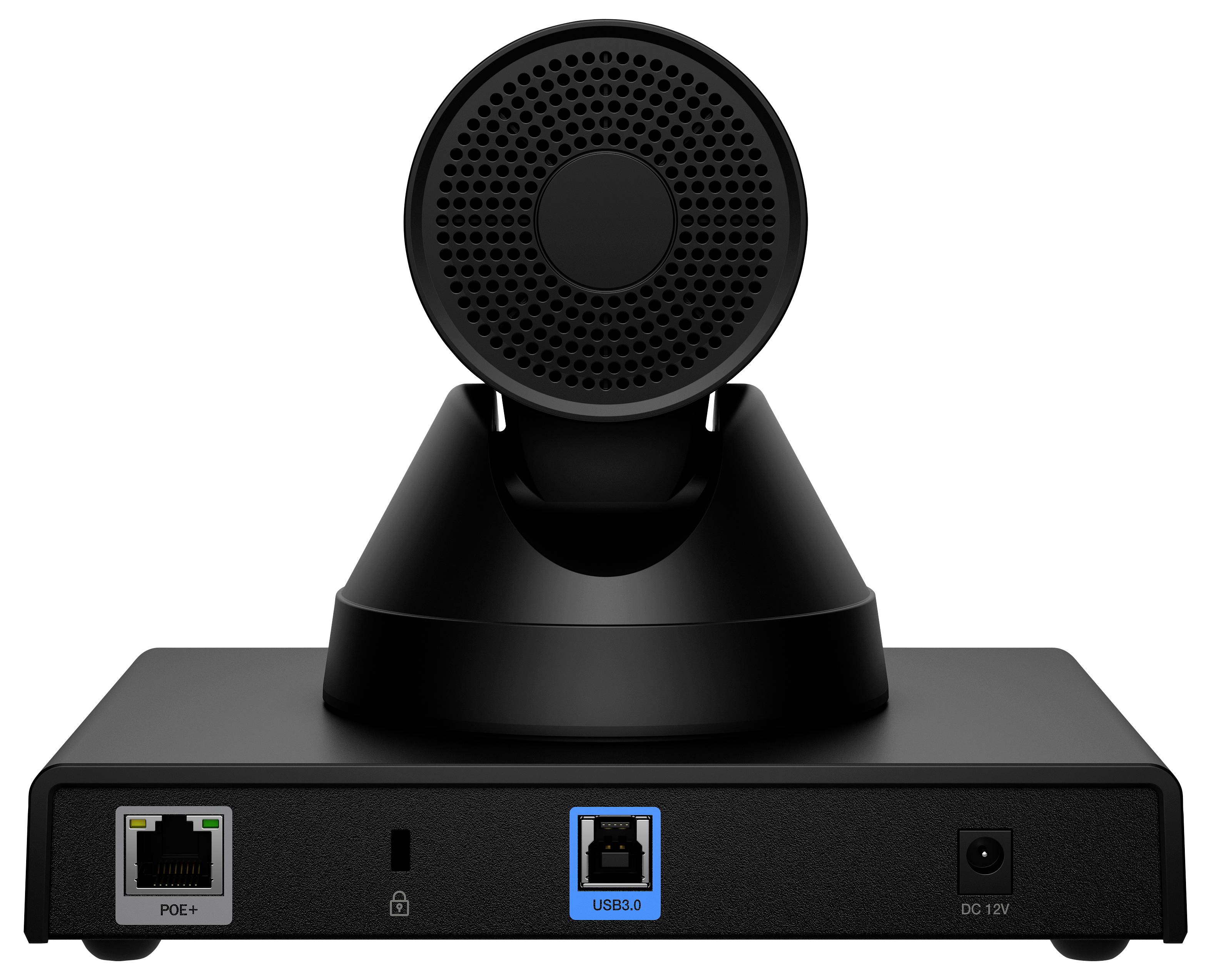 Schwarze Videokonferenzkamera mit Objektiv oben und vorderen Anschlüssen, die mit PoE+, USB 3.0 und DC 12V gekennzeichnet sind.