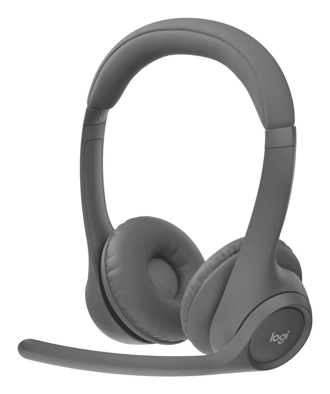 Graues Logitech Over-Ear-Headset mit Boom-Mikrofon auf weißem Hintergrund.