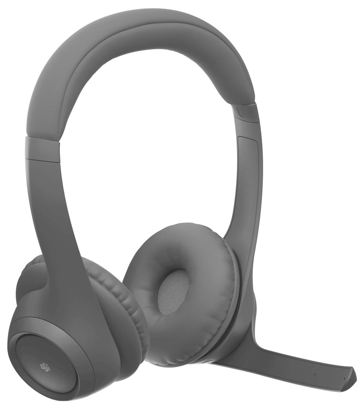 Graues Over-Ear-Funkkopfhörer mit integriertem Bügelmikrofon auf weißem Hintergrund.