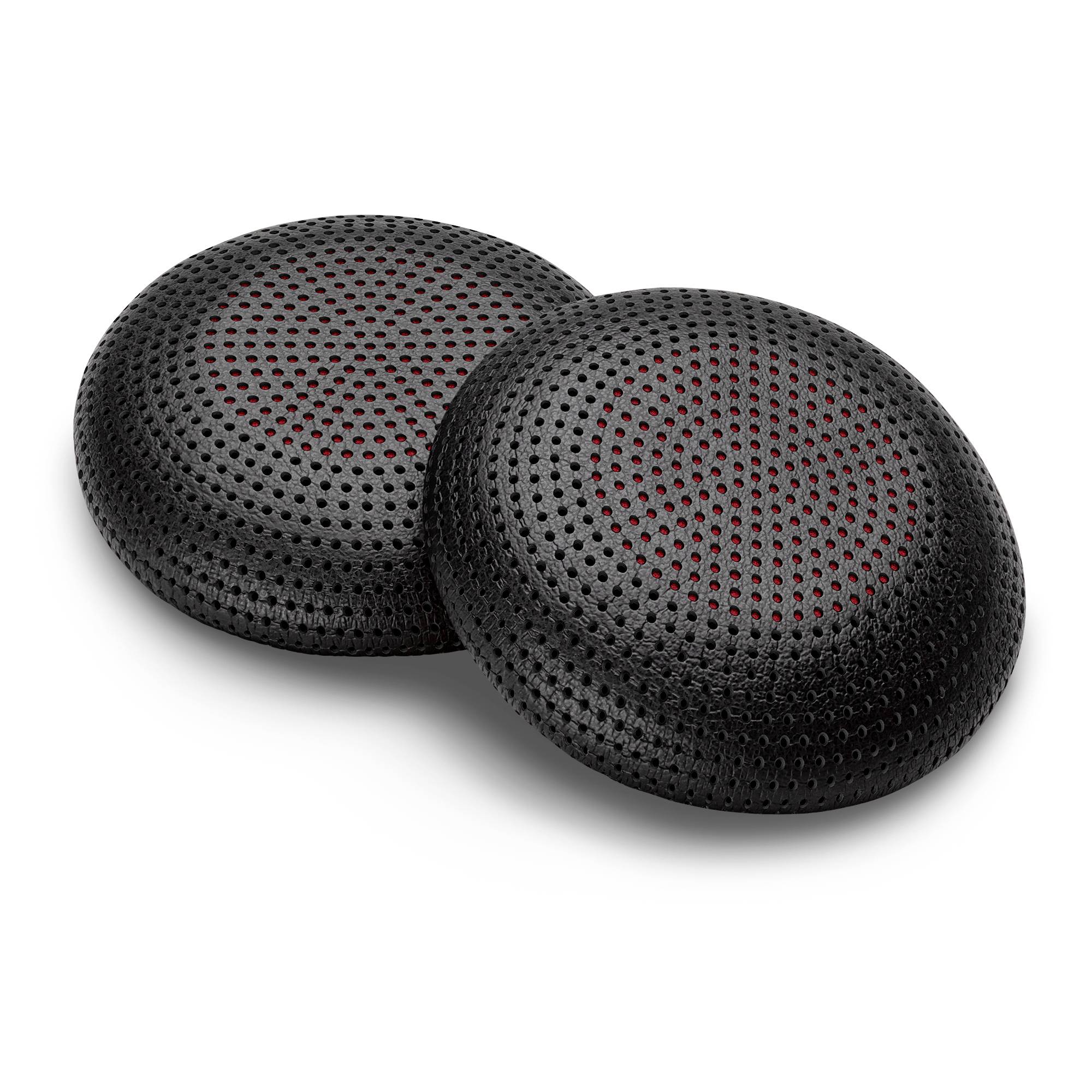 Zwei schwarze perforierte runde Lautsprecher oder Pads, die sich auf weißem Hintergrund überlappen.