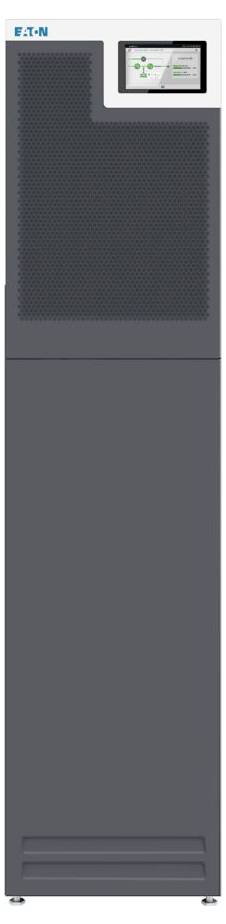 Hoher grauer Eaton-Schrank mit einem kleinen Statusdisplay in der Nähe der Oberseite, der einem industriellen Stromausfallschutz- oder Batteriespeichergerät ähnelt.