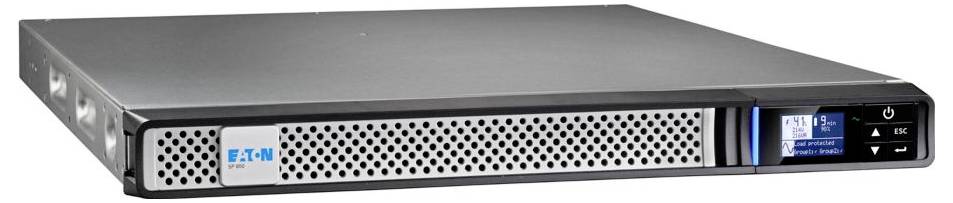 Black Eaton 3P Ellipse unterbrechungsfreie Stromversorgung Turm mit Stromschalter, Statusleuchte und USB-Ladeanschlüssen an der Vorderseite.