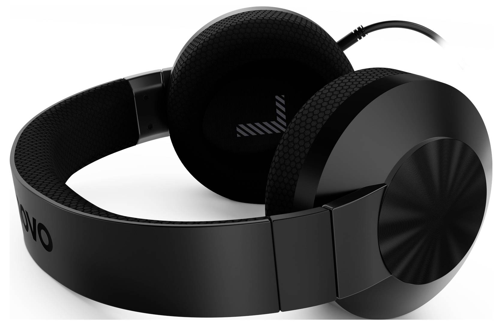 Schwarze Over-Ear-Kopfhörer mit gepolstertem Kopfbügel und angeschlossenem Kabel auf weißem Hintergrund.