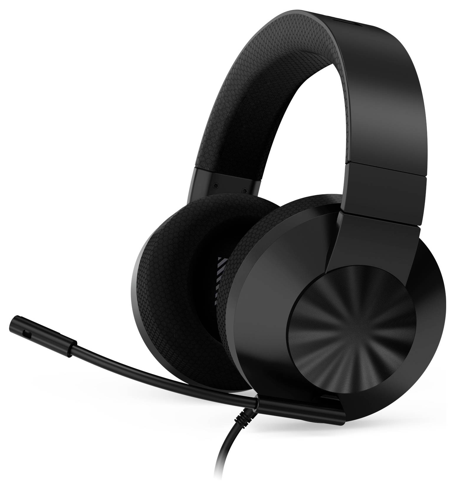 Schwarzes Over-Ear-Headset mit verstellbarem Kopfbügel und Boom-Mikrofon auf weißem Hintergrund.