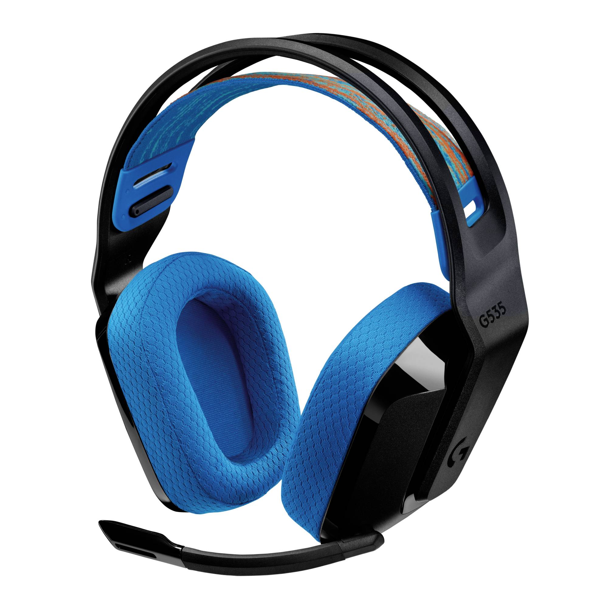 Schwarzes und blaues Over-Ear-Gaming-Headset mit Boom-Mikrofon und G535-Branding, gezeigt auf weißem Hintergrund.