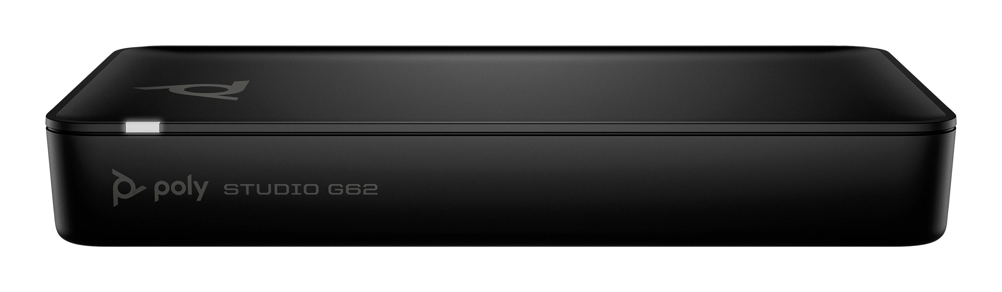 Schwarzes Poly Studio G62 Videokonferenzgerät in Vorderansicht auf weißem Hintergrund.
