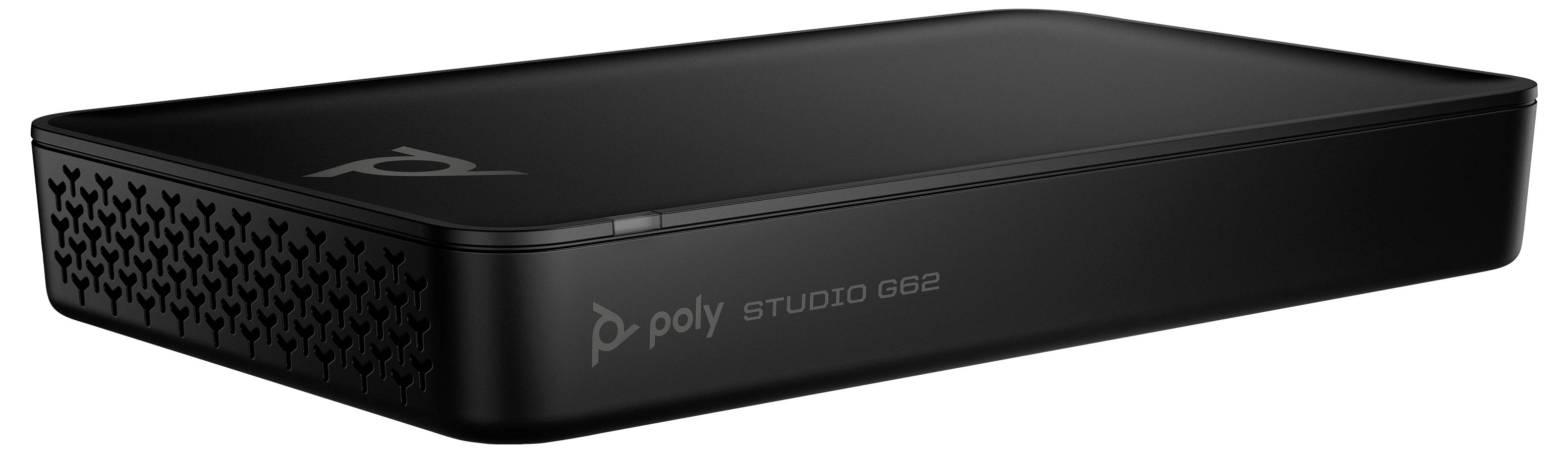Schwarzes Poly Studio G62 Videokonferenzgerät in Dreiviertelsicht auf weißem Hintergrund.