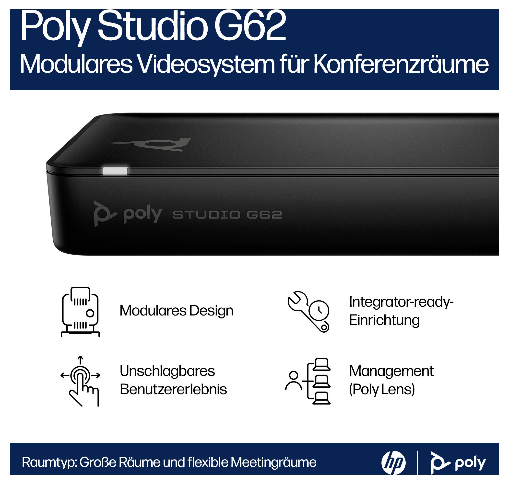 Werbe-Grafik für das modulare Poly Studio G62 Videosystem für Konferenzräume, das das Gerät und vier Funktionen zeigt: modulares Design, einfache Einrichtung, Benutzerfreundlichkeit und Verwaltung mit Poly Lens.