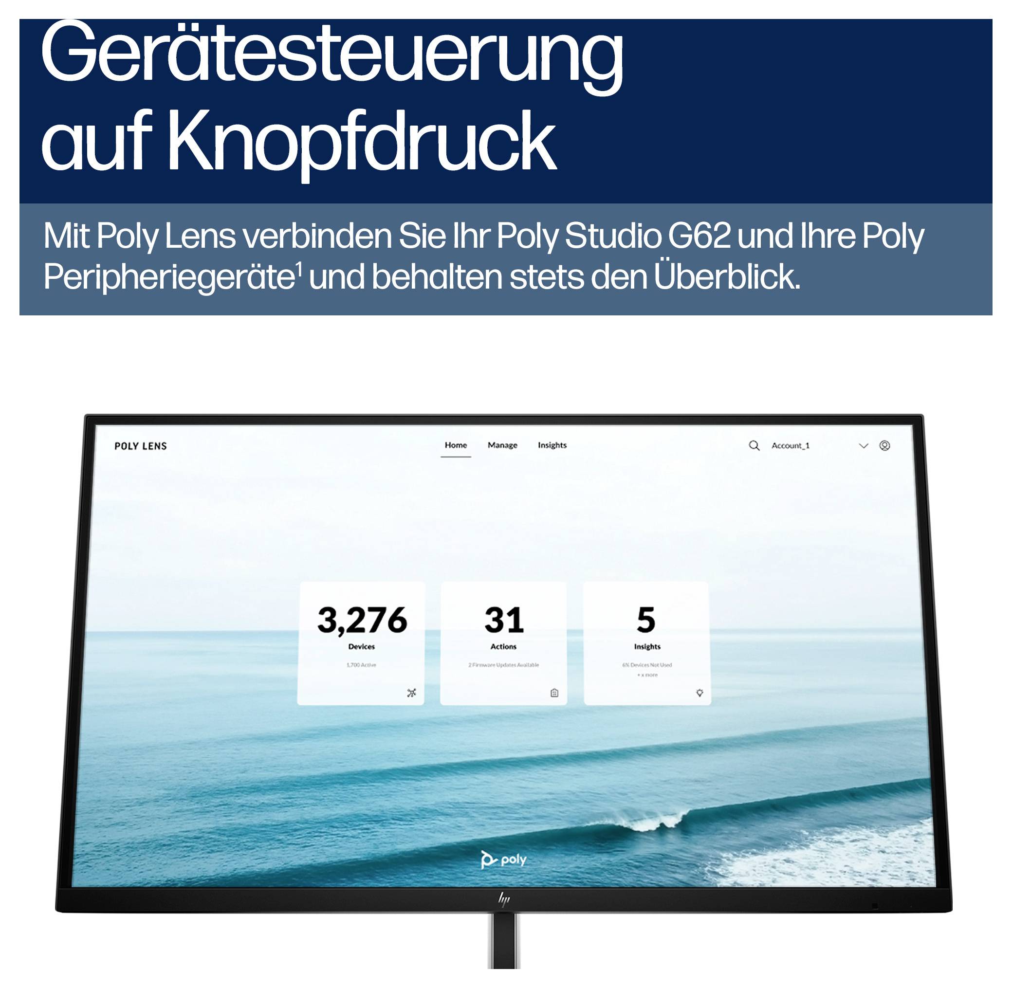 Gerätesteuerung auf KnopfdruckEin Monitor zeigt das Dashboard mit Geräten, Aktionen und Insights.